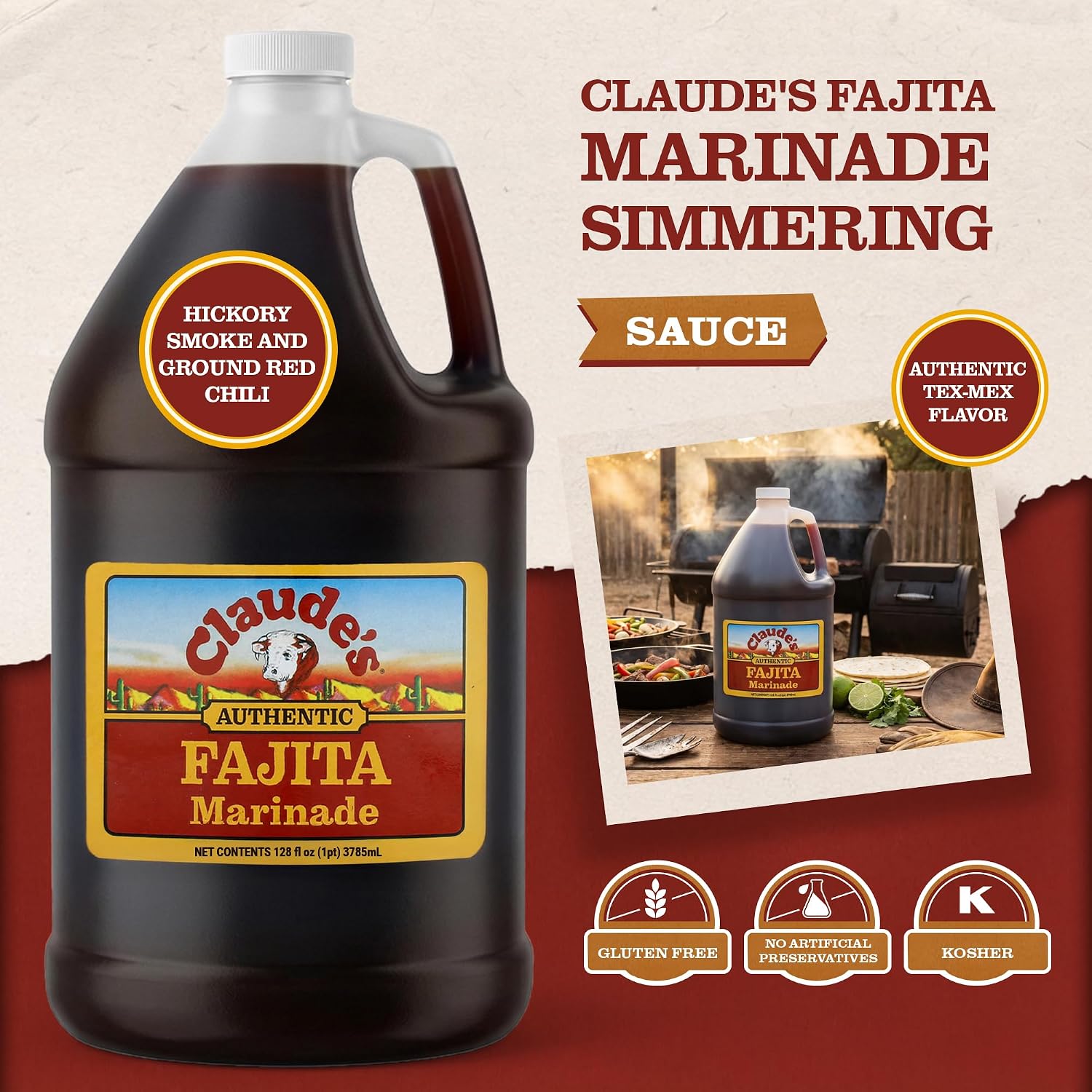 Claude's BBQ Brisket Marinade Sauce, Gluten Free Texas Style, 128 oz | Restaurant-size gallon of smoky Texas tenderizing brisket marinade - all natural & gluten free.