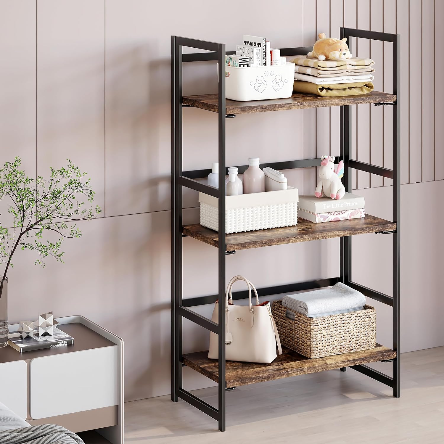 Vintage Multifunctional Folding Bookshelf, No-Assembly Plant Stand Storage Rack Shelves for Home Office (Fire, 5-Tier)