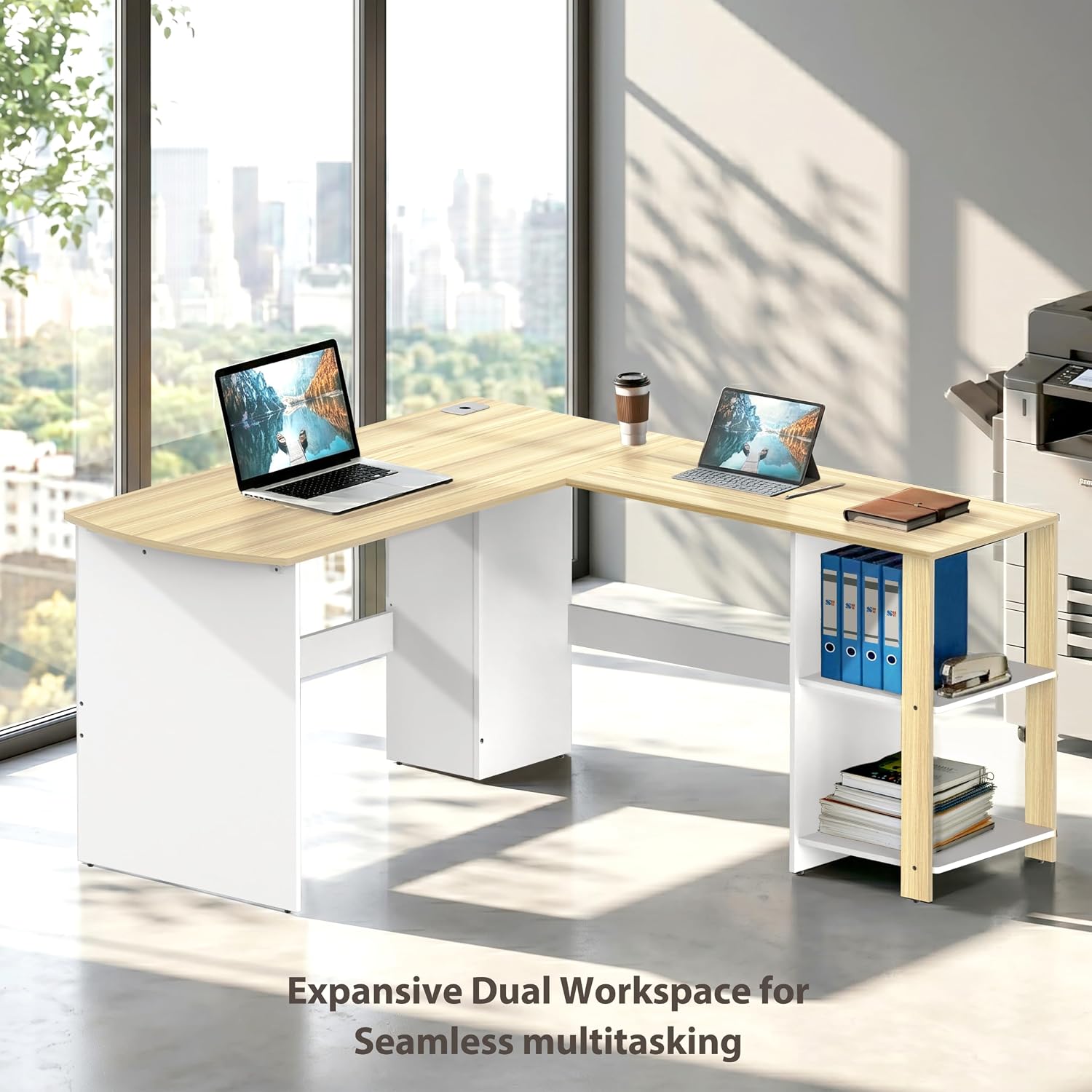 SHW 51 x 51 L-Shaped Home Office Wood Corner Desk with Storage, Espresso | Integrated Book Shelves