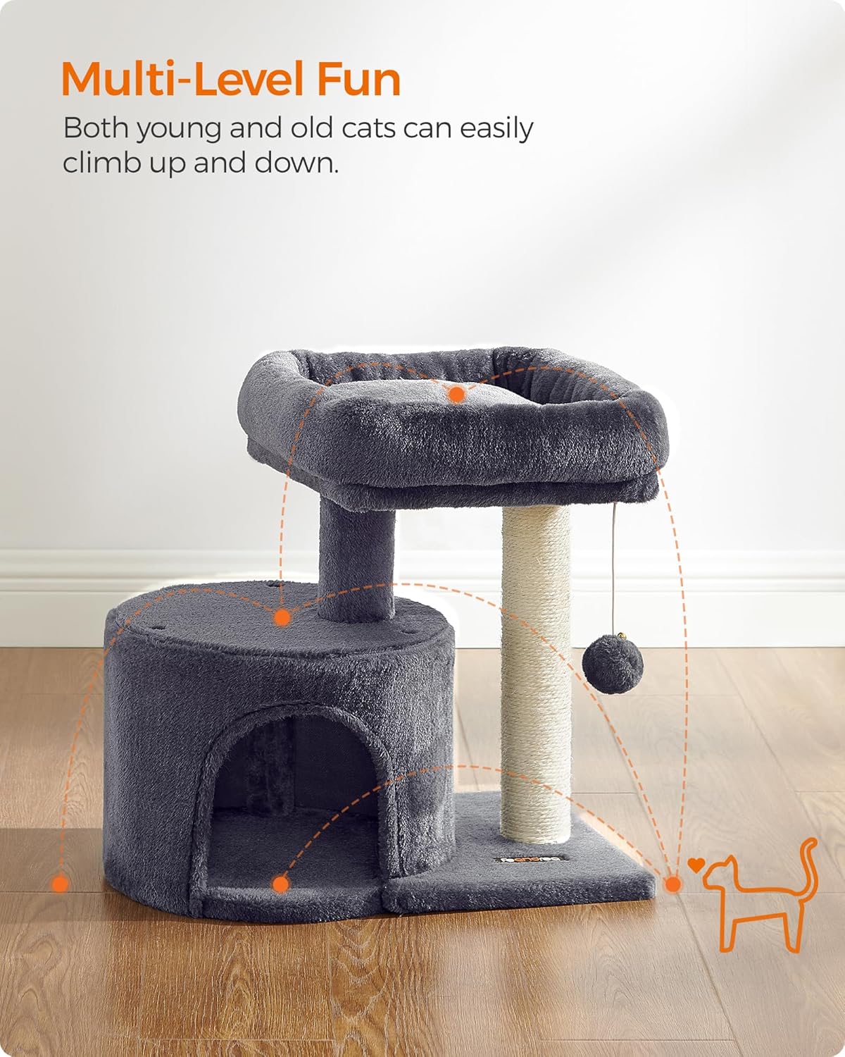 Feandrea Cat Tree, 18.5-in Small Cat Tower, Cute Kittens Condo, Smoky Gray