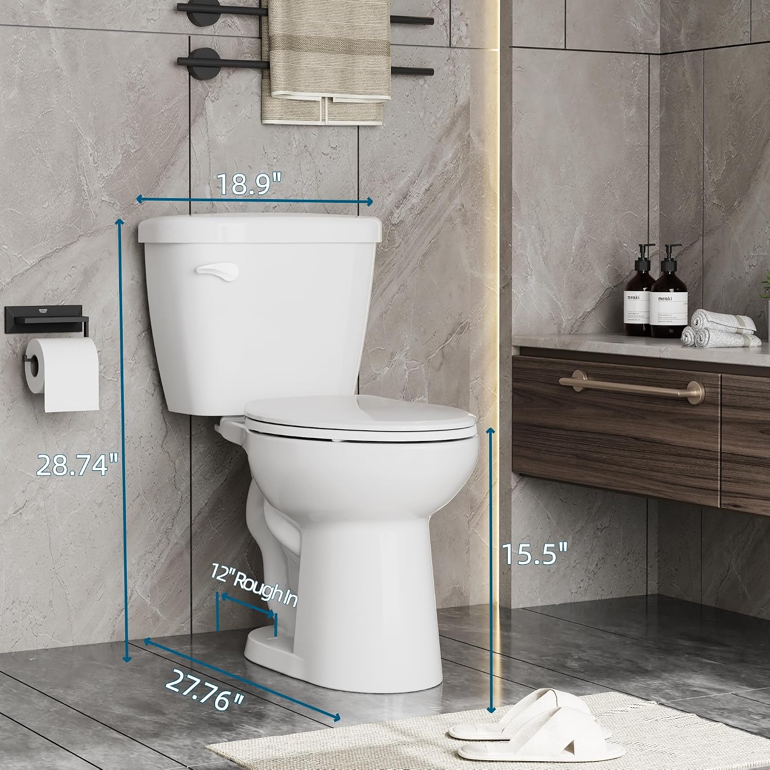 Two-Piece Toilets for Bathrooms, Comfort ADA Toilet with 19" Height, Elongated with Soft Close Seat, Power Flush 1.28 GPF