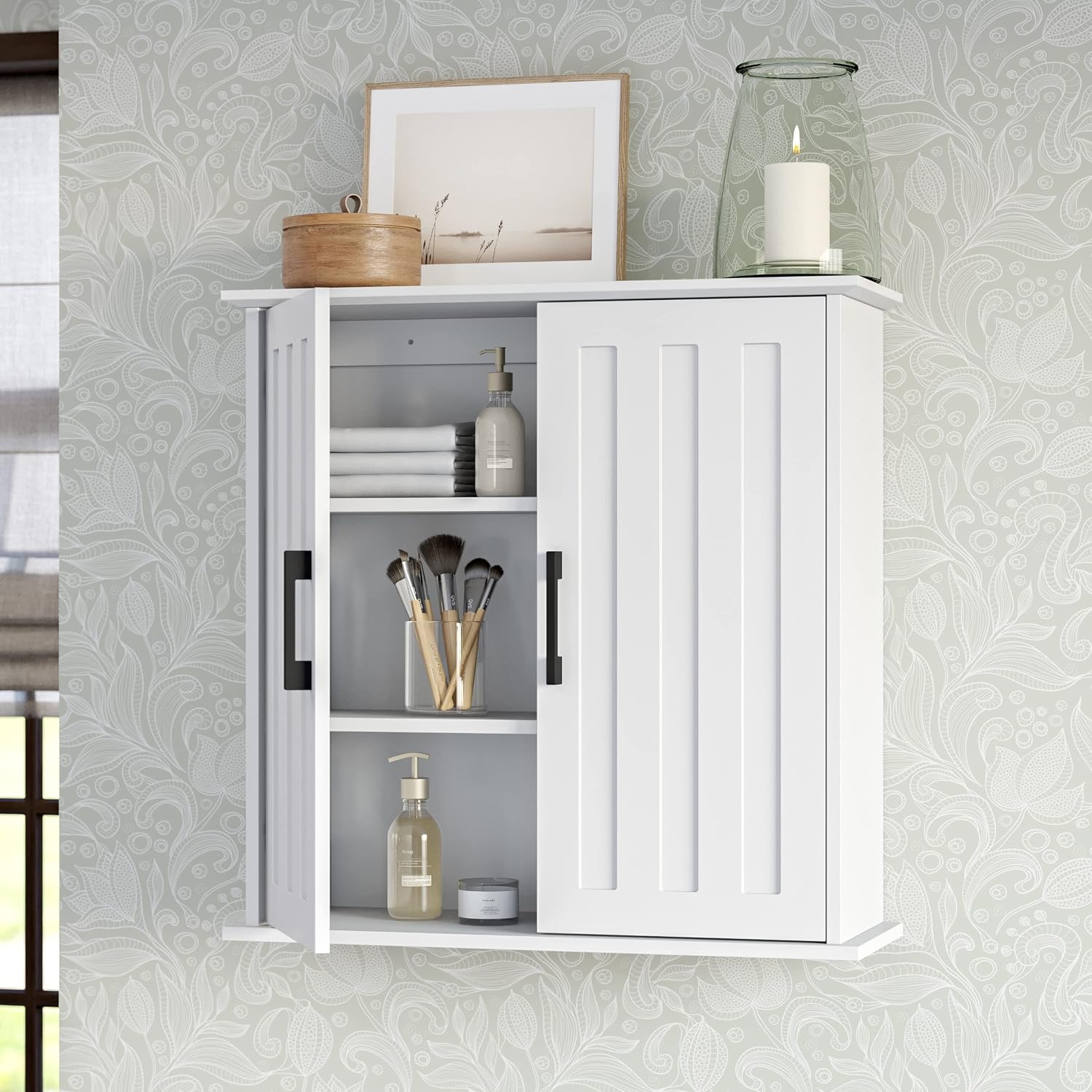 RiverRidge Monroe Two-Door Bathroom Wall Mount Medicine Cabinet, White | Adjustable Interior Shelf, Soft Close Hinges, Matte Black Handles