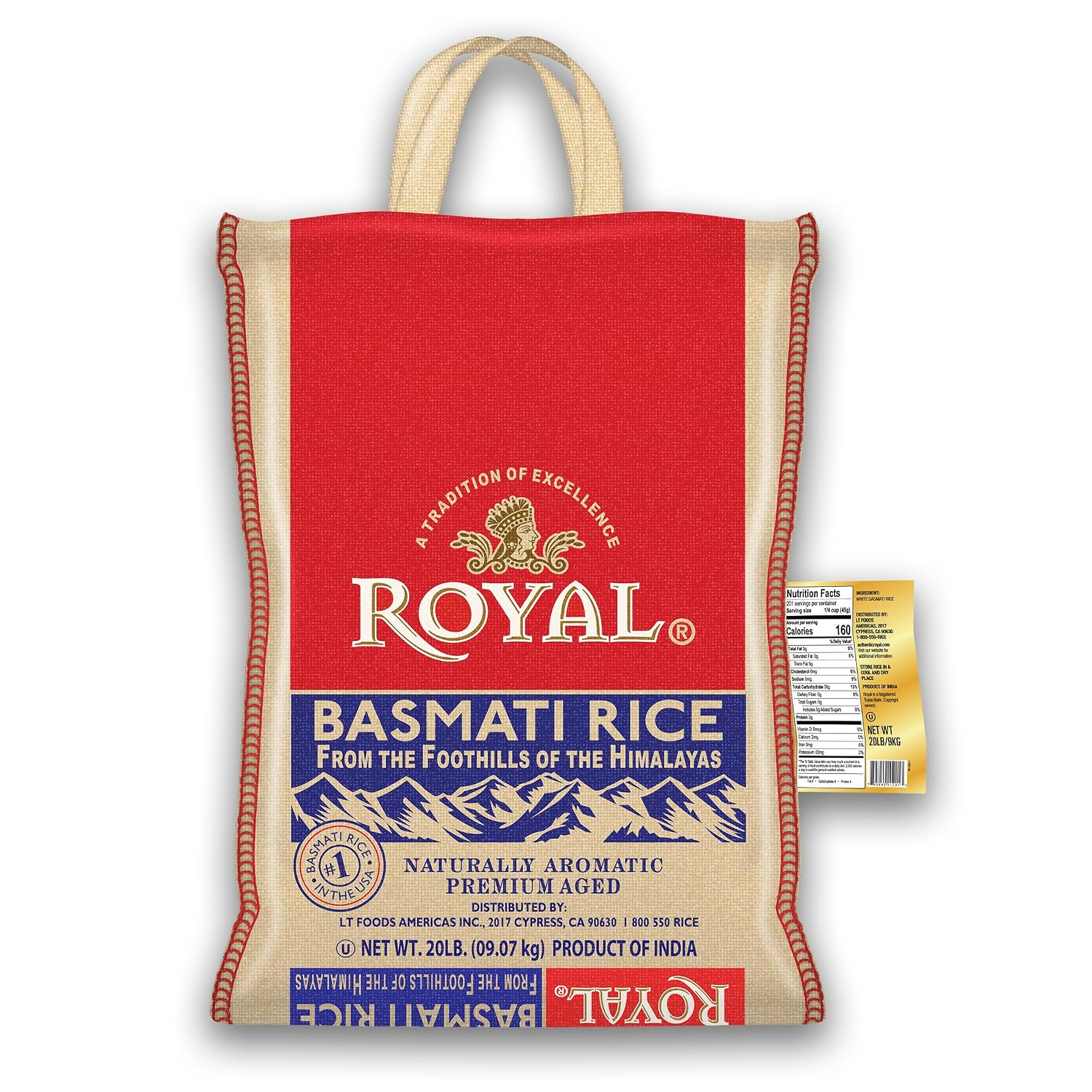 Authentic Royal - Naturally Aged Long Grain Indian White Basmati Rice - 20 Pound
