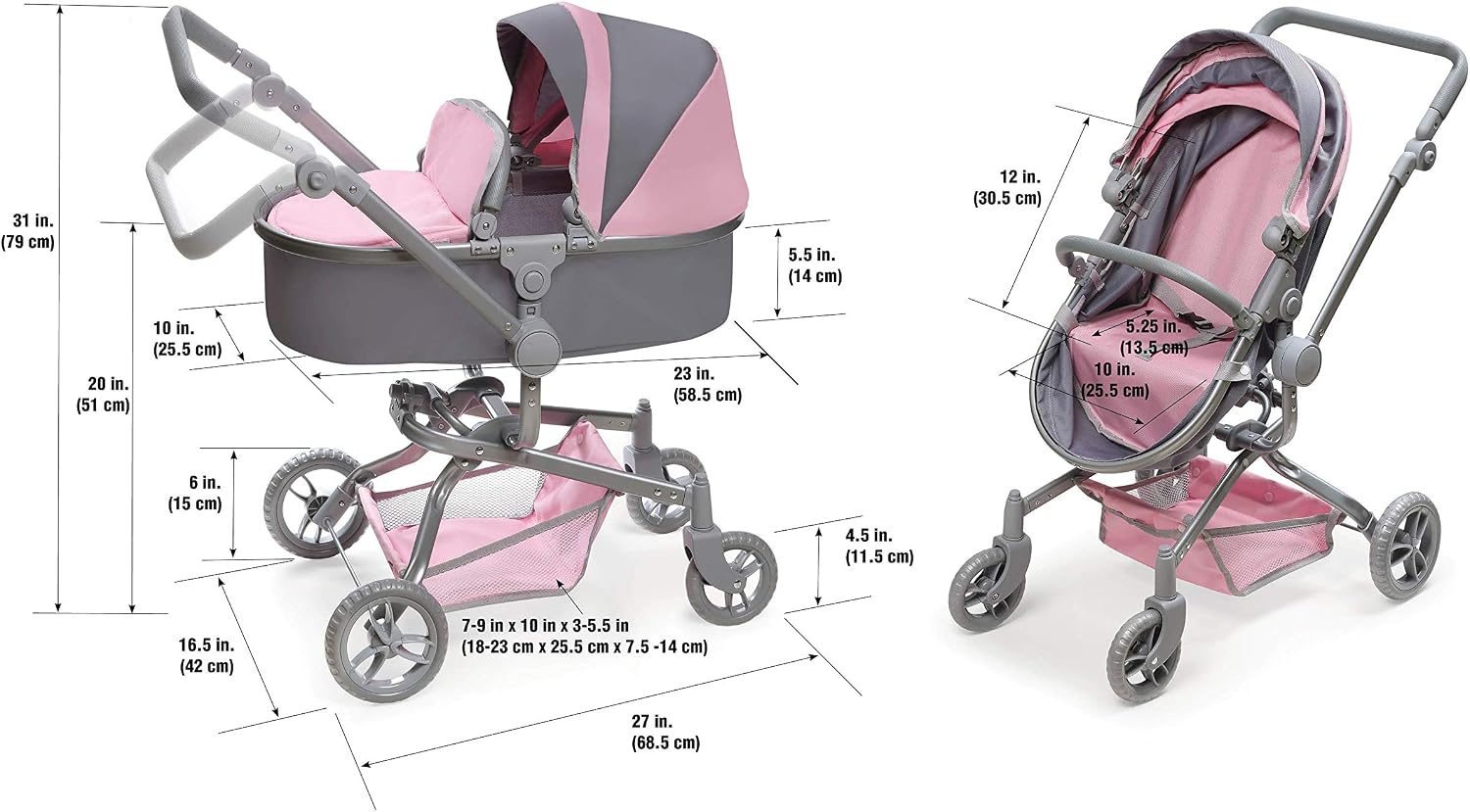 Badger Basket Foldable Doll Stroller & Pram with Canopy - Gray/Pink