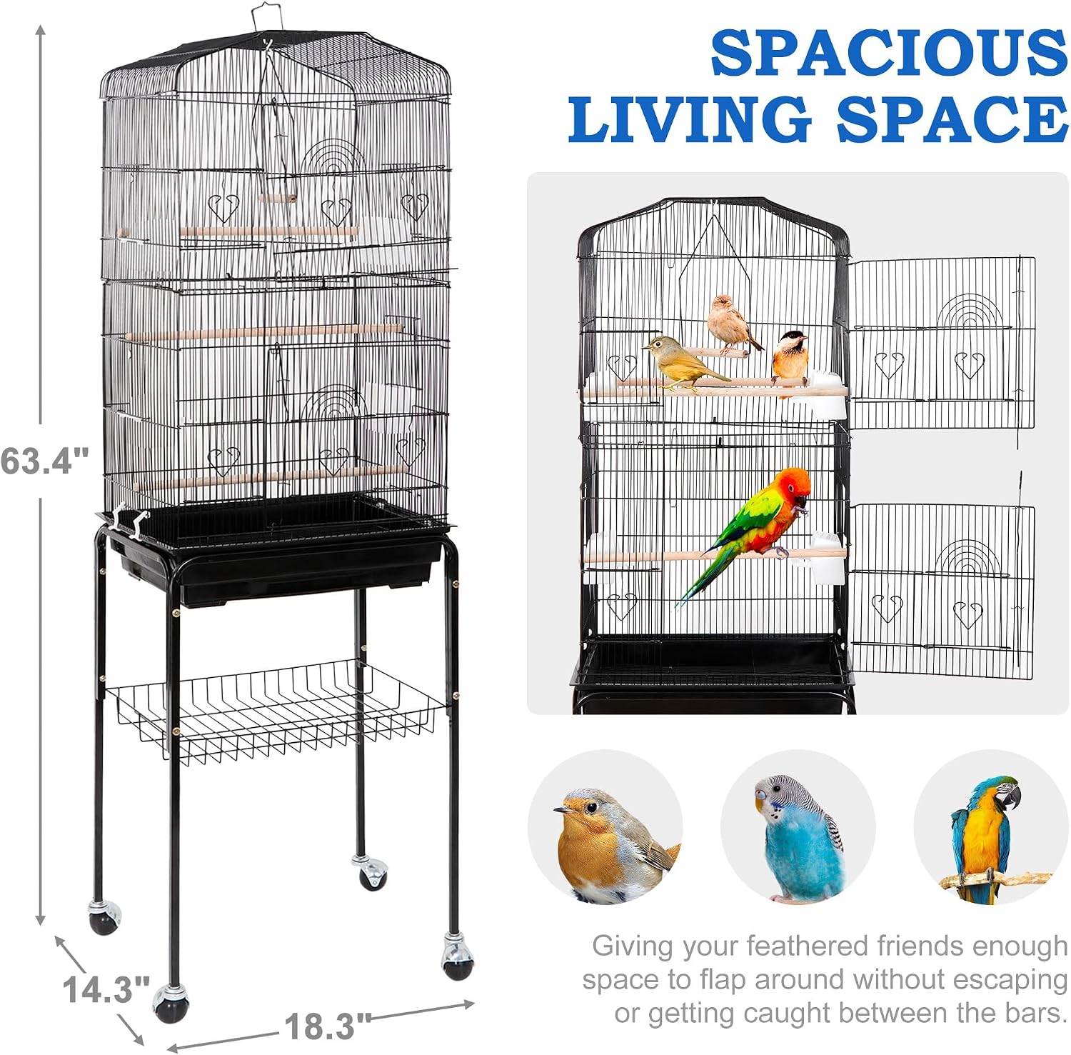 SUPER DEAL 59.3 Rolling Bird Cage Large Wrought Iron Cage for Cockatiel Sun Conure Parakeet Finch Budgie Lovebird Canary Medium Pet House with