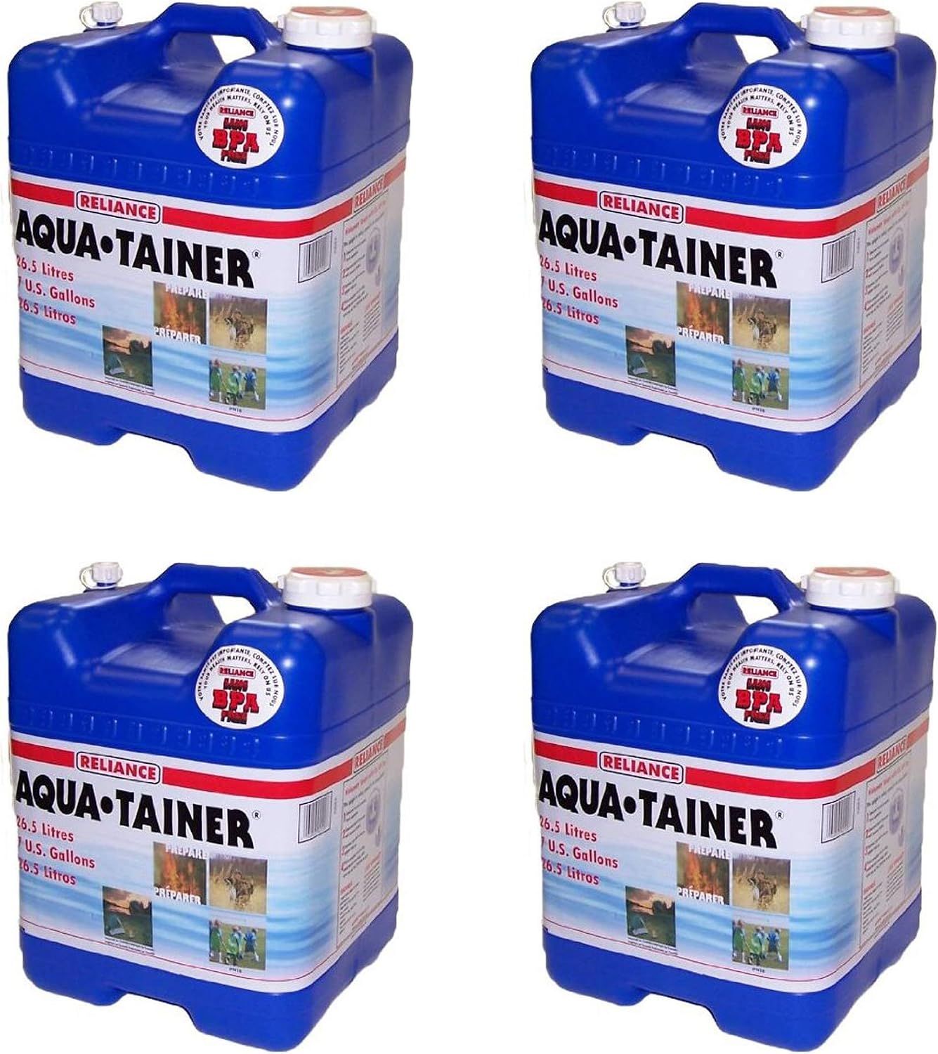 Reliance Products Aqua Tainer 7 Gallon Drinking Water Storage Container Tank (4 Pack)