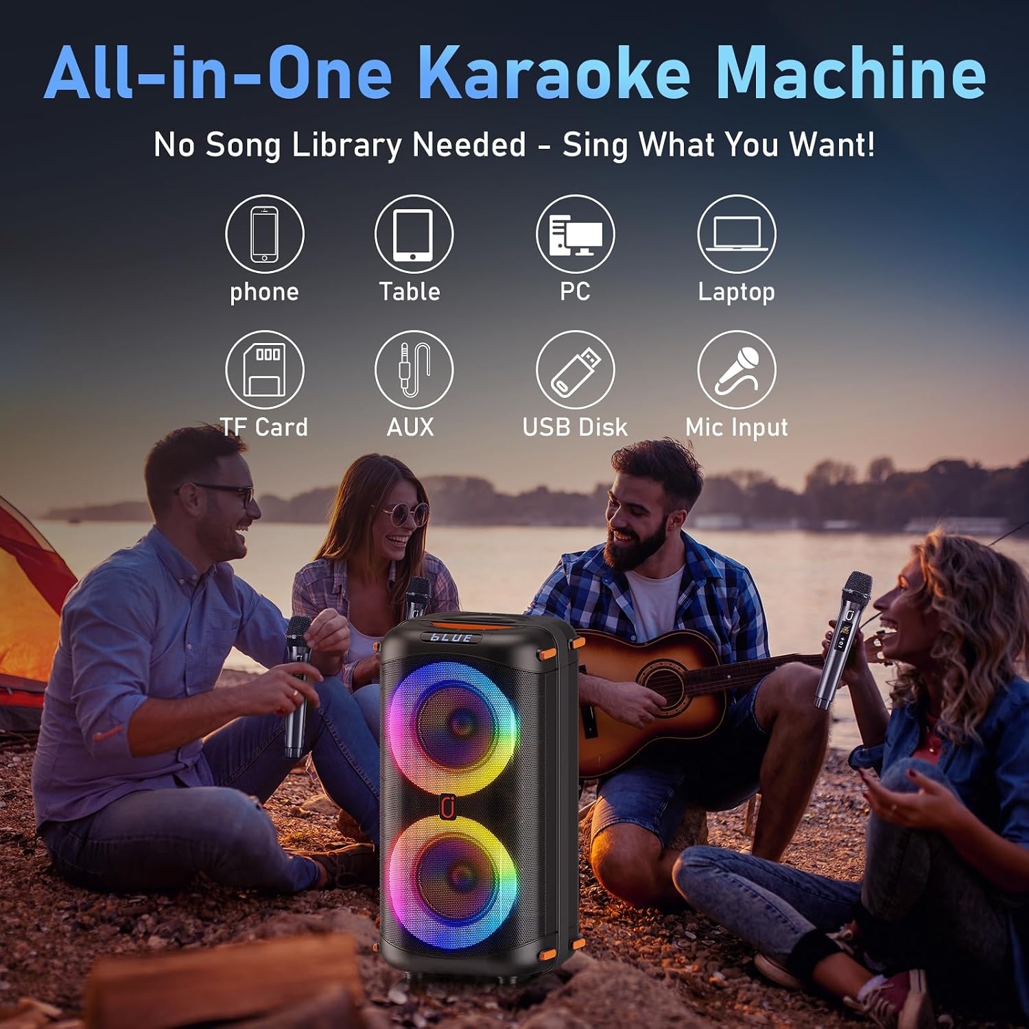Karaoke Machine with 2 Wireless Microphones, Portable Bluetooth Karaoke Speaker for Adults