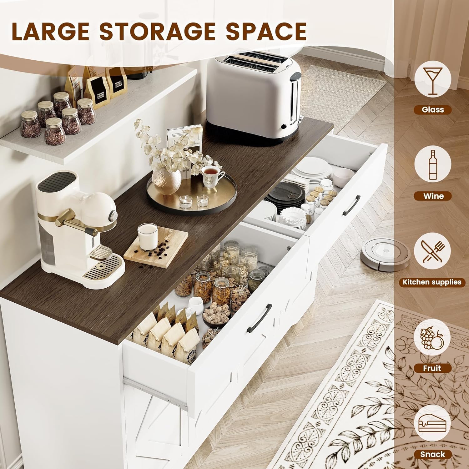 Sideboard Buffet Cabinet with Storage, 55.1" Large Kitchen Storage Sideboard with Drawers & Doors, Modern Wood Farmhouse Coffee Bar Cabinet