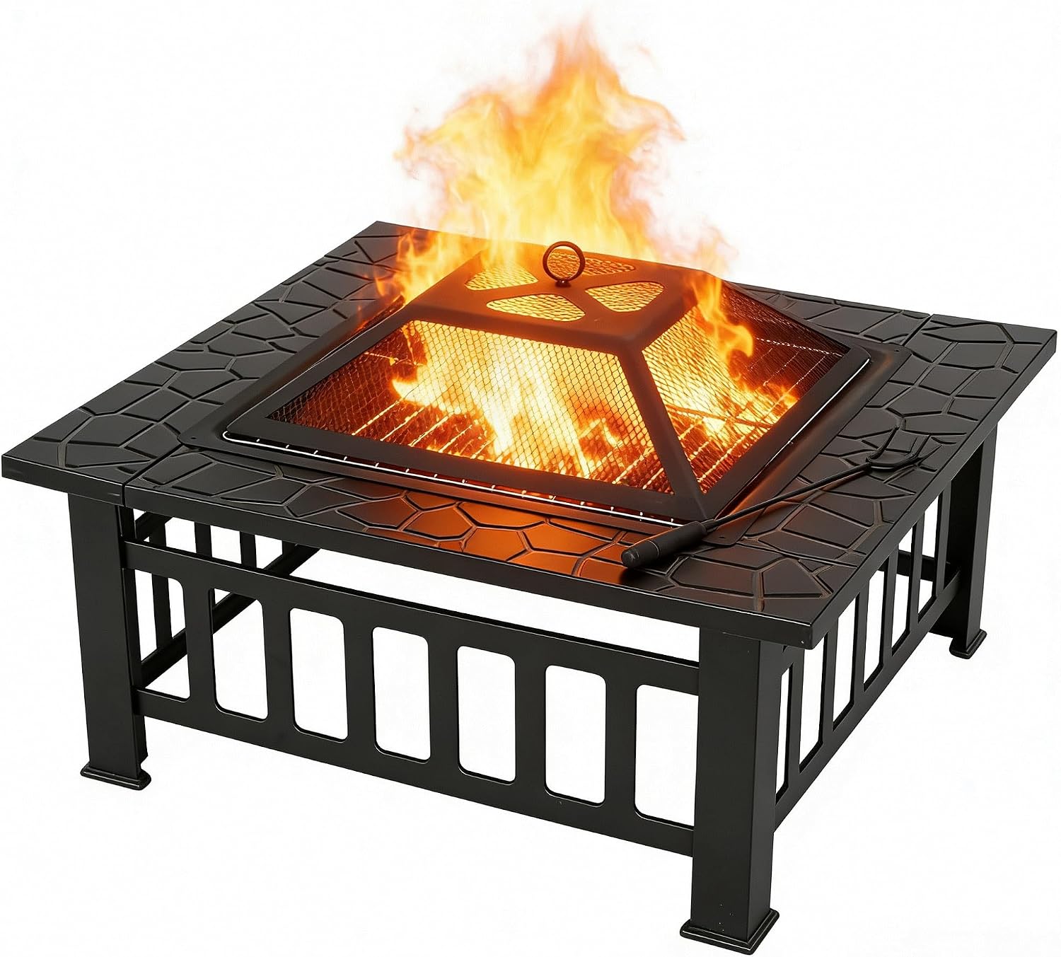 ZENY 32 inch Outdoor Fire Pit with Grill for Outside Wood Burning, Square Metal Outside Fireplaces