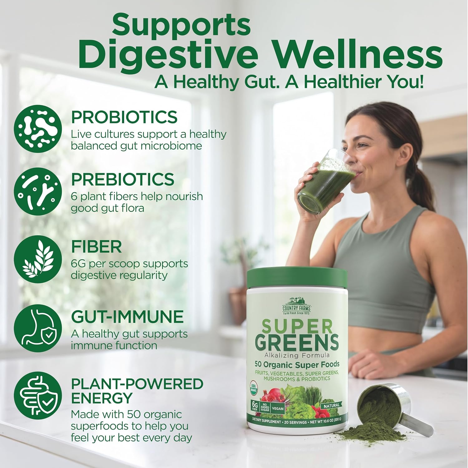 Country Farms Organic Super Greens Powder, Daily Greens Drink Mix with 50 Organic Superfoods, Fruits, Vegetables, Fiber, Mushrooms & Probiotics for Gut Health, Digestion & Energy, Berry Flavor