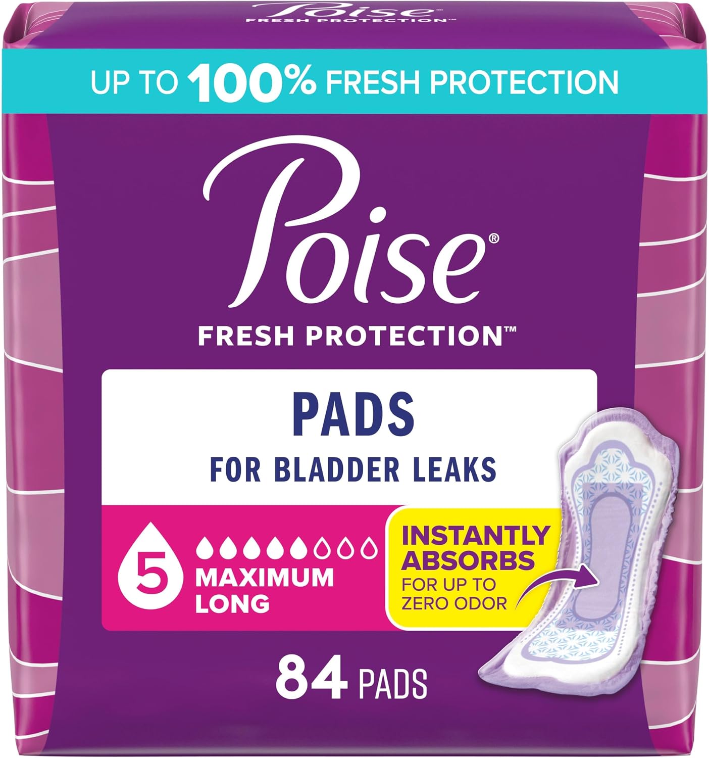 Poise Incontinence & Postpartum Pads for Bladder Leaks, 5 Drop Maximum Absorbency, Regular Length, 96 Count, Packaging May Vary