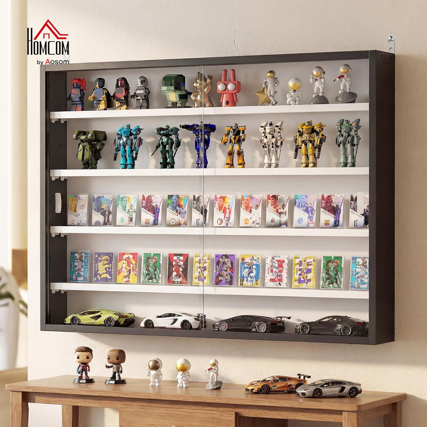 HOMCOM 5-Tier Display Cabinet, Glass Door Cabinet with Adjustable Shelves, Wall-Mounted Display Case for Playroom, Bedroom, Black