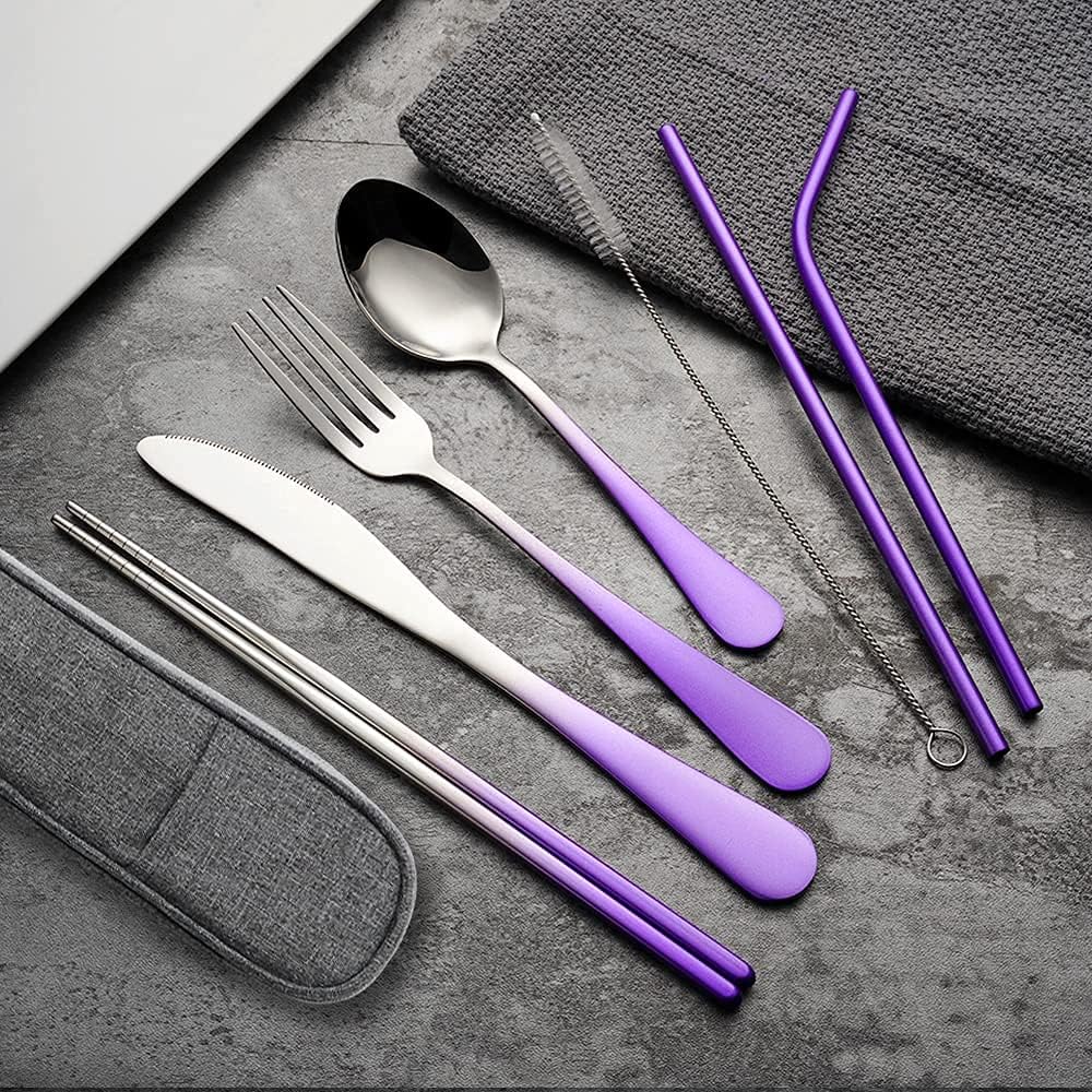 Travel Utensils Set with Case Reusable Portable Cutlery Set Stainless Steel 8pcs Including Dinner Knife Fork Spoon Chopsticks Straws(Rainbow)
