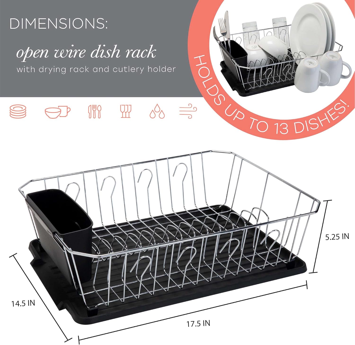 Kitchen Details 3 Piece Dish Rack | Drying Rack, Cutlery Basket & Drainboard Tray | Countertop | Self Draining | Open Wire Design | Chrome | White