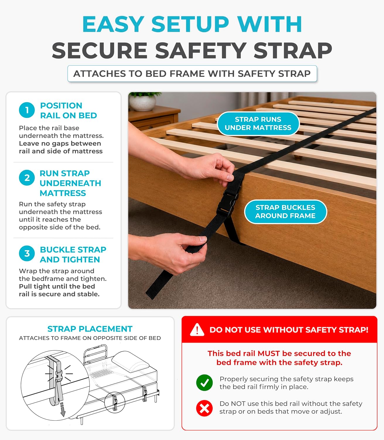 Stander EZ Adjust Bed Rail, Adjustable Senior Bedrail and Safety Assist Railing for Elderly Adults with Organizer Pouch