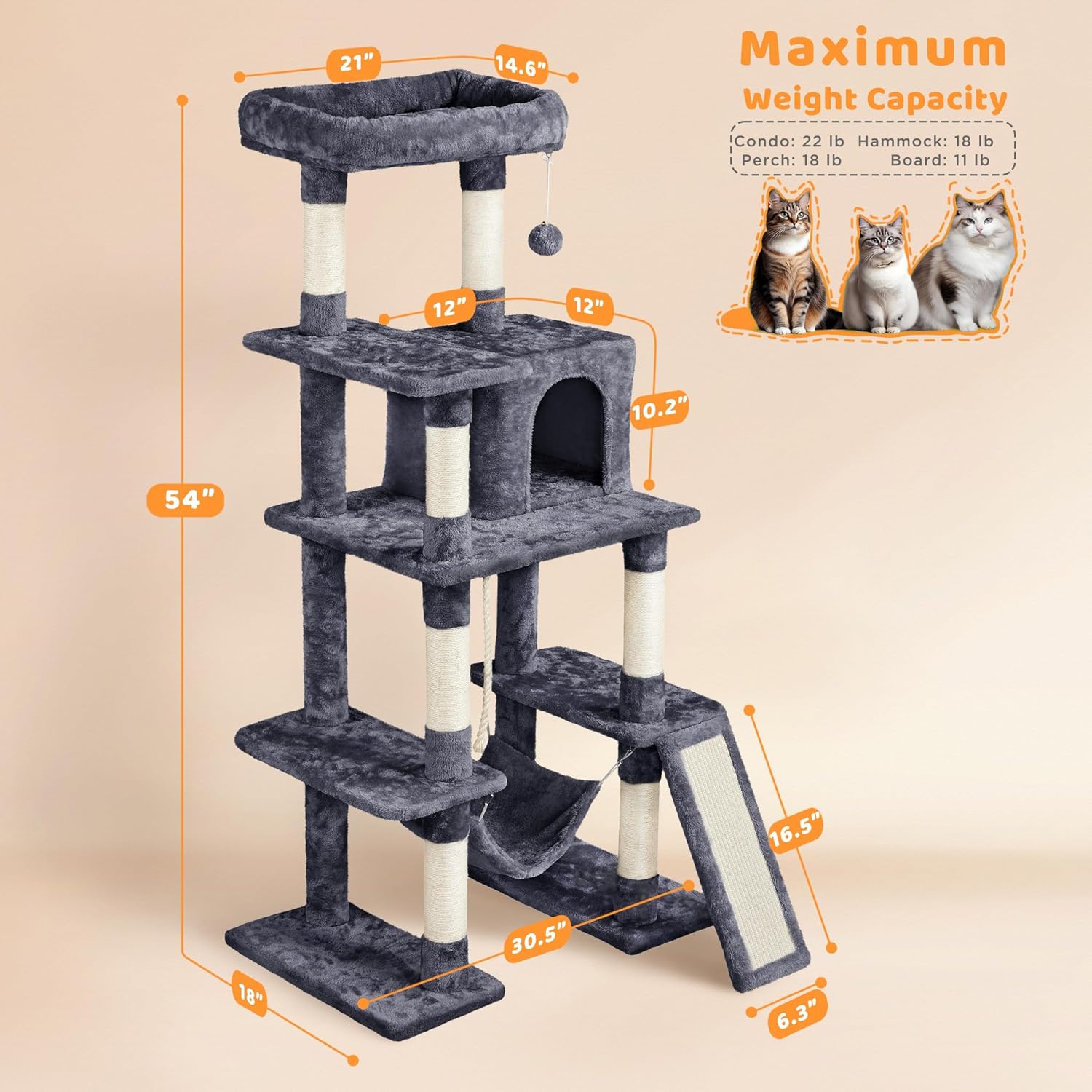 Yaheetech 63in Sturdy Large Cat Tree for Indoor Heavy Cats, Tall Tower