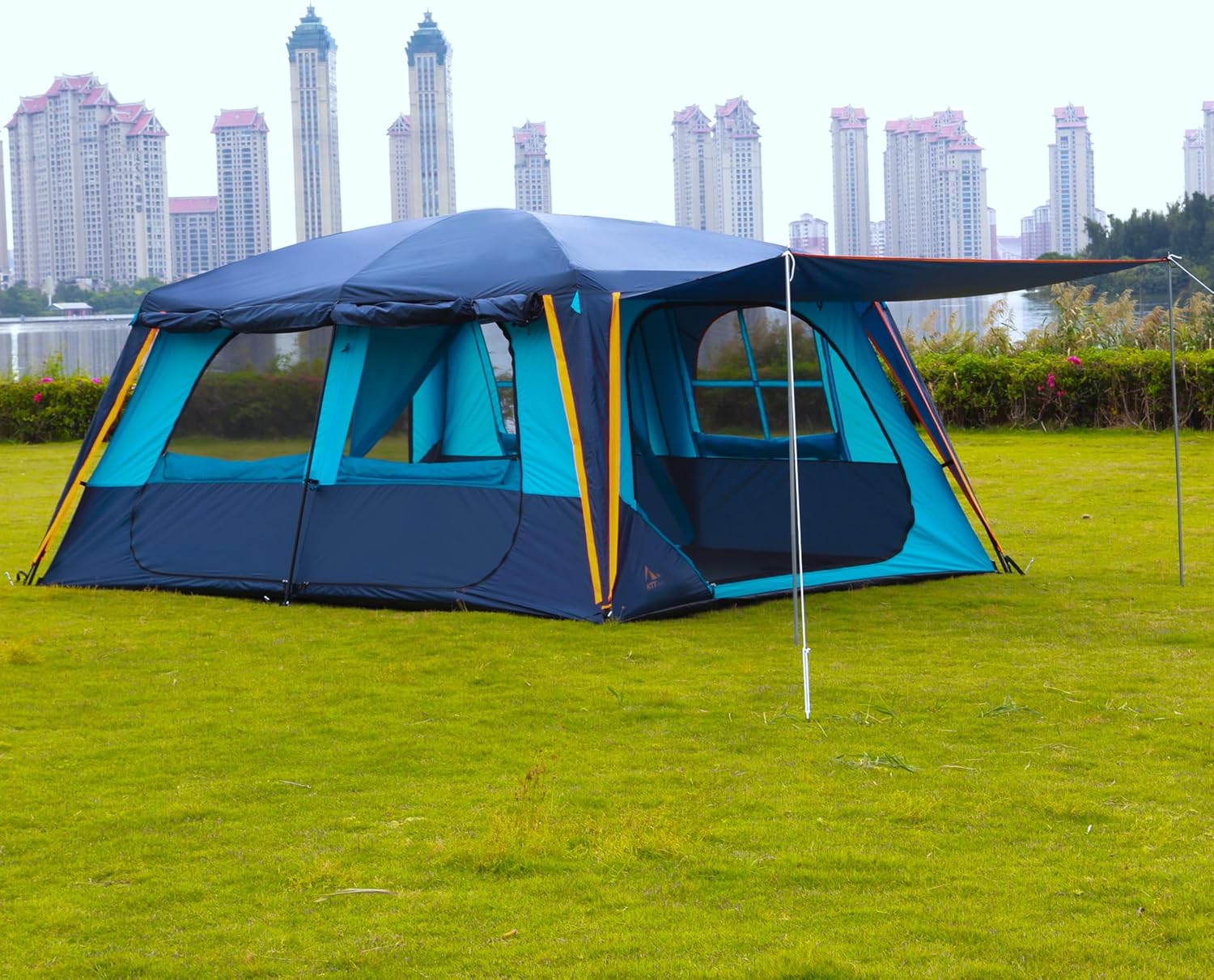 KTT Extra Large Tent 12-14 Person, Family Cabin Tents, 2 Rooms, Straight Wall, 2 Doors 4 Windows with Mesh, Waterproof, Double Layer
