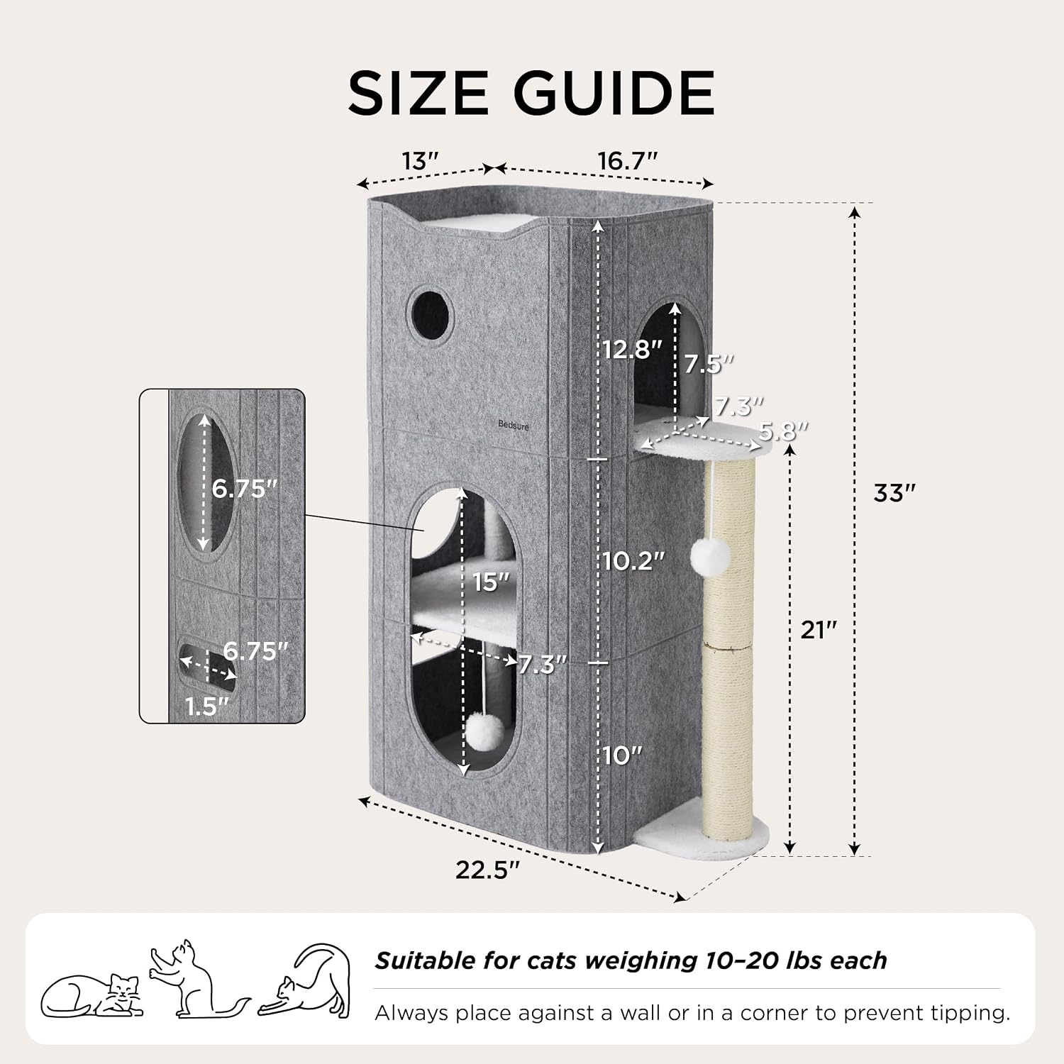 Bedsure Cat House Bed for Indoor Cats with Fluffy Ball and Scratch Pad,Grey