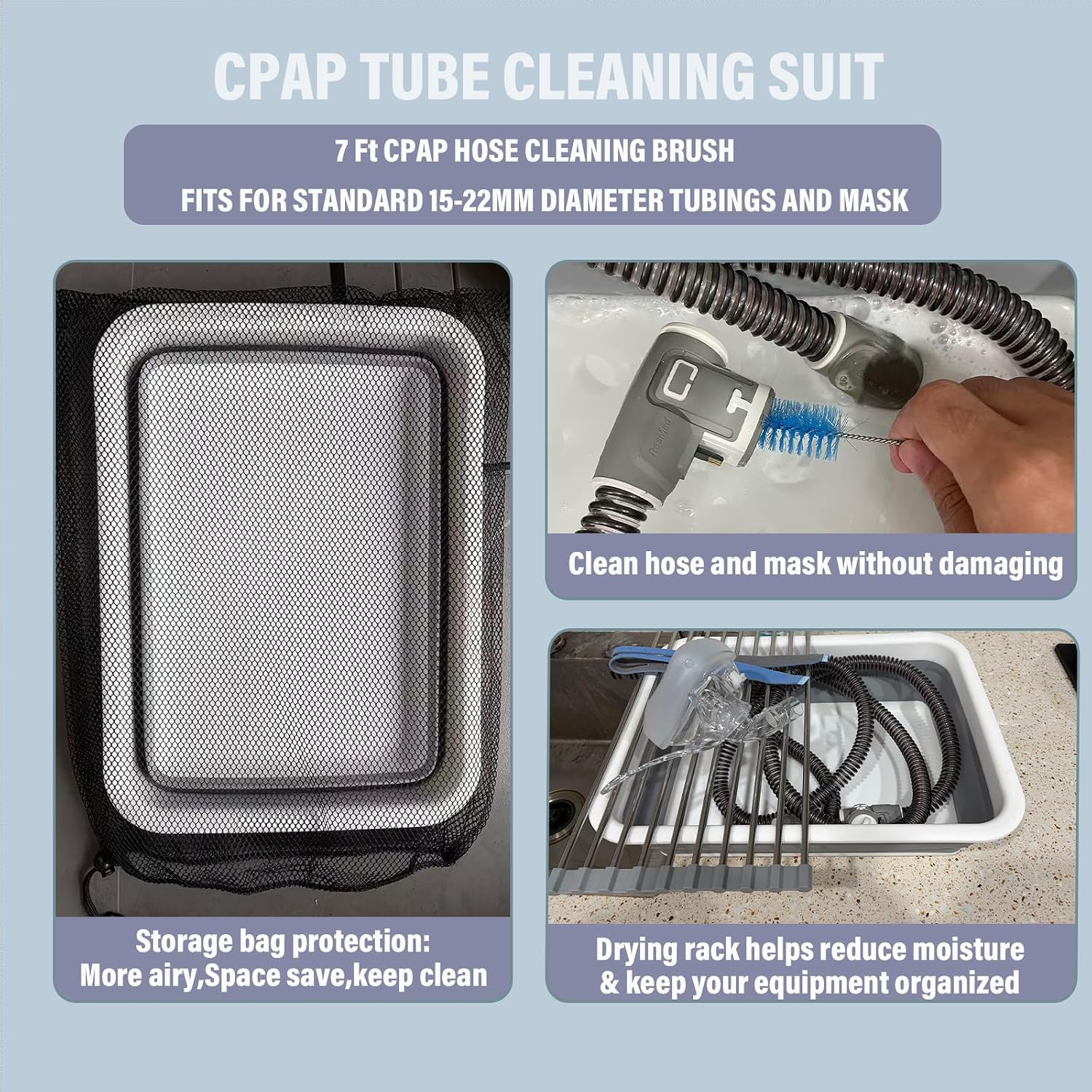 Drying Rack CPAP Cleaning Kit with Collapsible Wash Basin, CPAP Hose & Mask Cleaner Set,CPAP Storage Bag with Drying Rack（Grey）