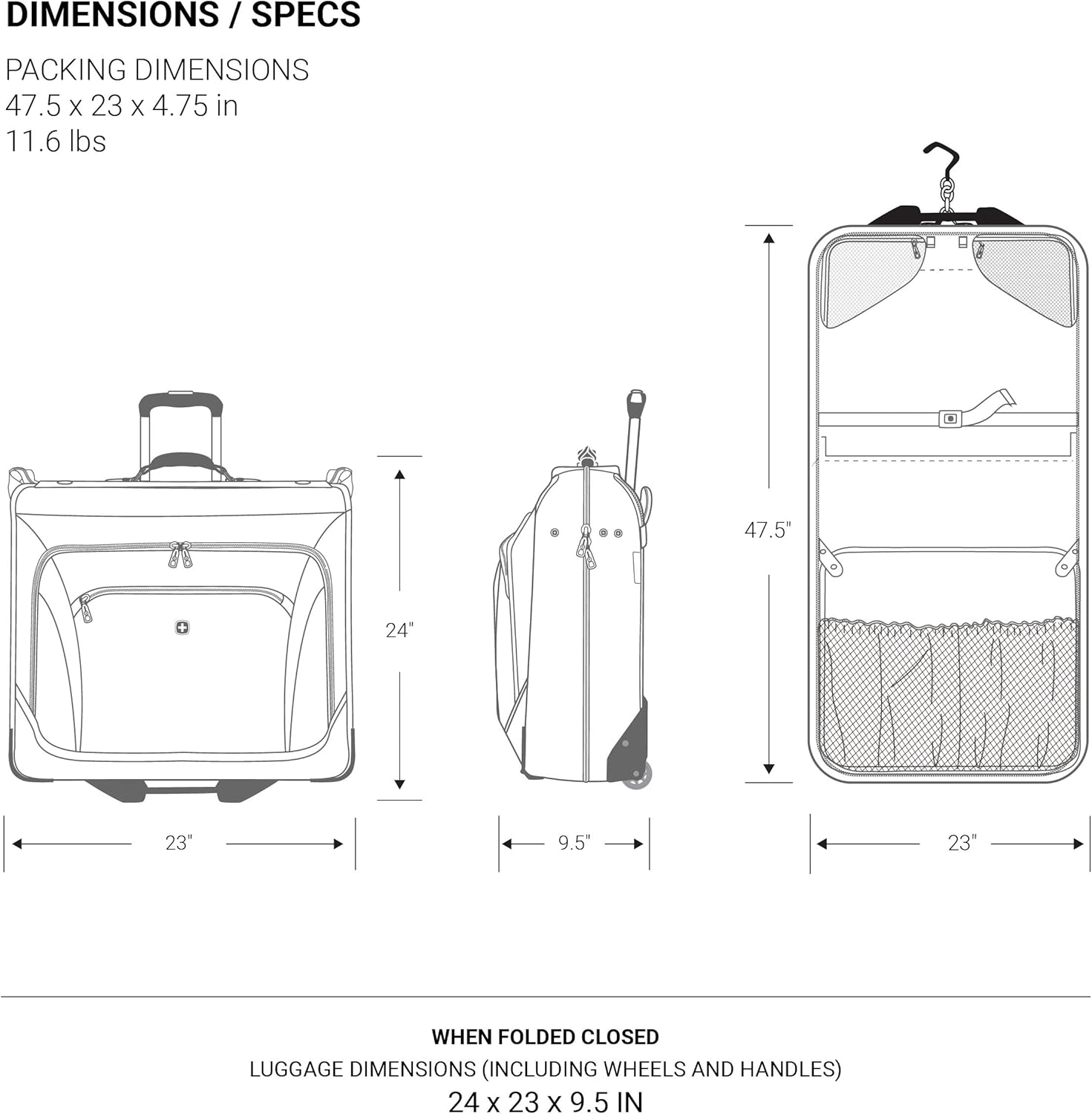 SwissGear 7895 Premium Rolling Garment Bag, Bonus Hanging Feature, Men's and Women's, 24-Inch Luggage - Black