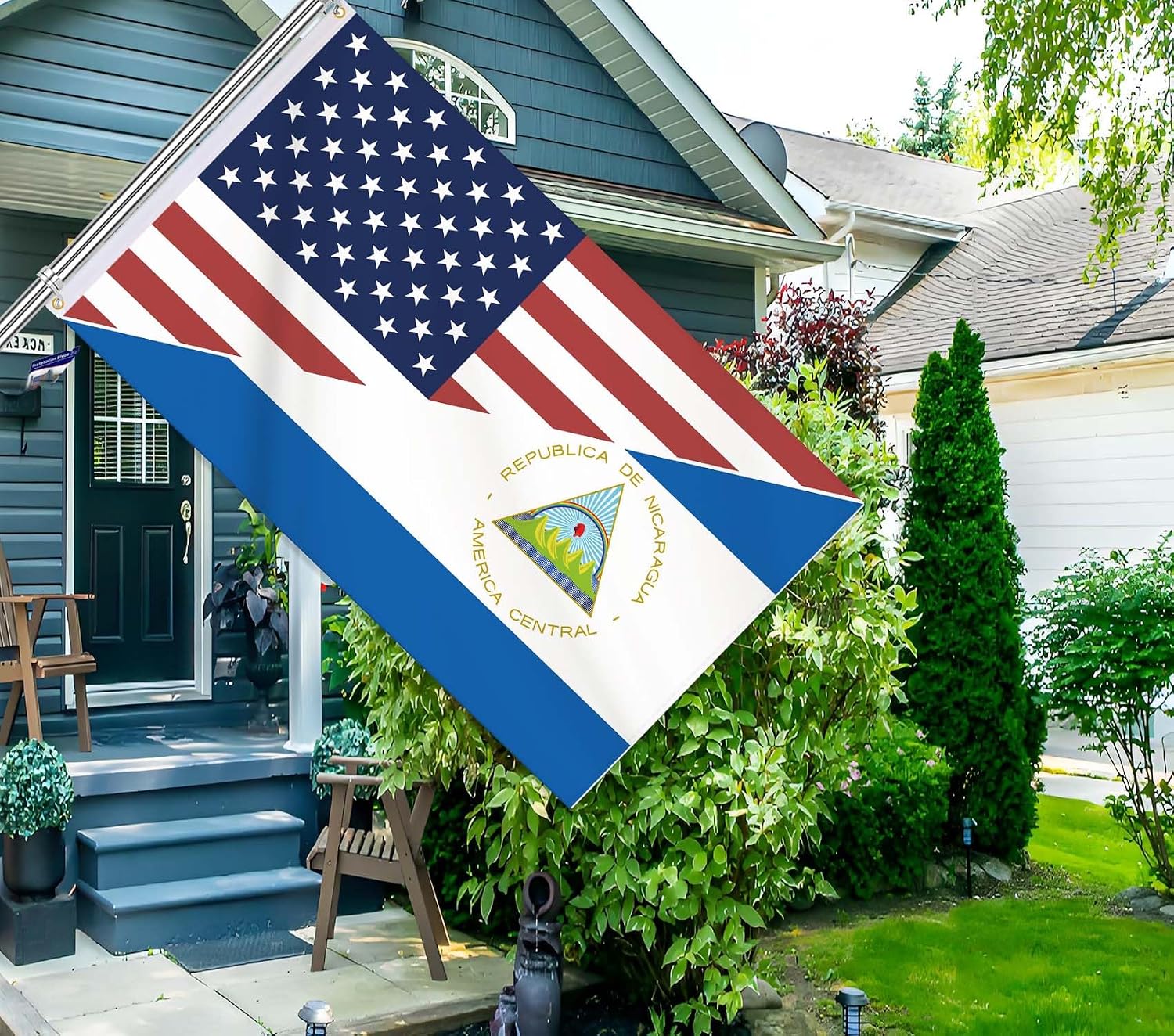 Nicaragua USA Flag,Big 3x5 FT Nicaraguan Flag,36x60 Inch Large Double-Printed Durable 150D Thick Polyester Decorations with 2 Brass Grommet
