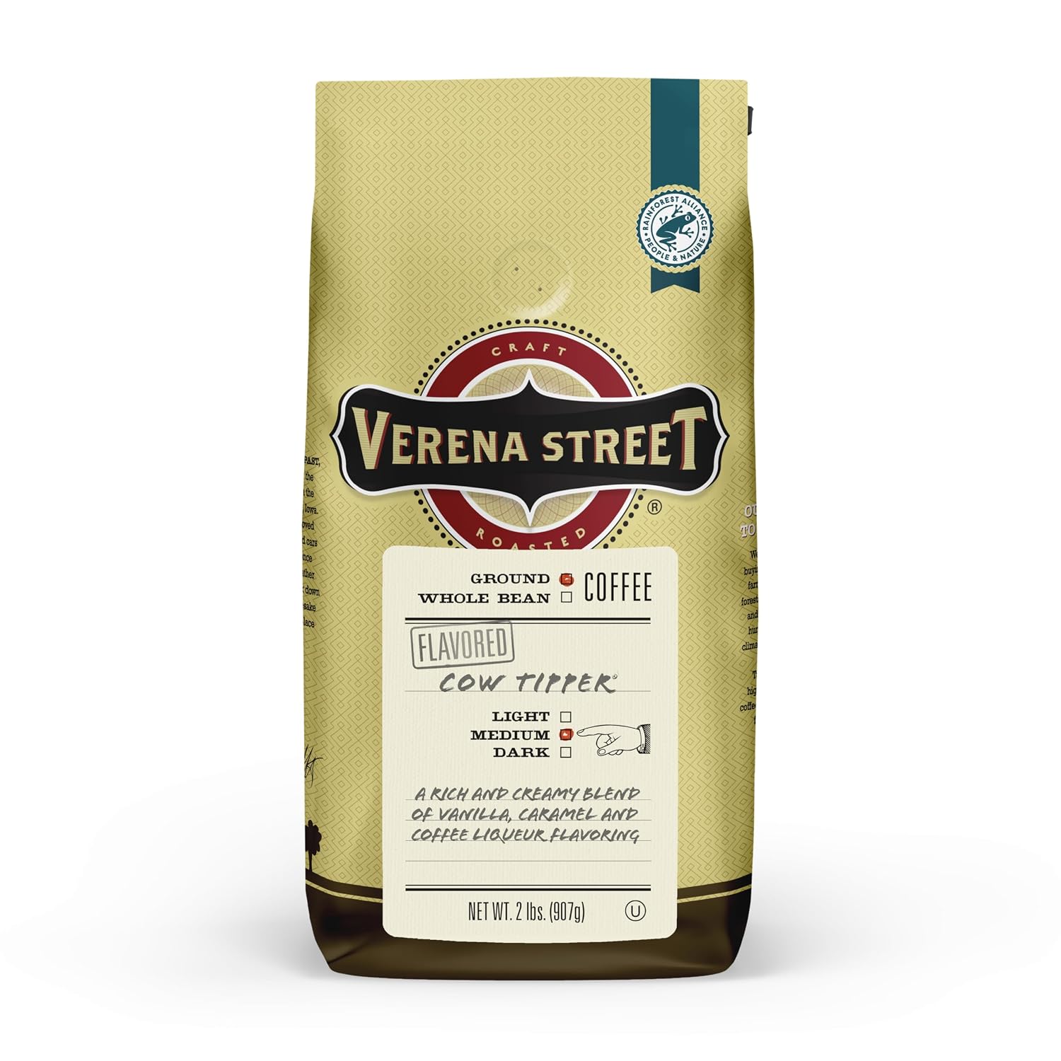 Verena Street 12 Ounce Flavored Ground Coffee, Mississippi Grogg, Medium Roast, Rainforest Alliance Certified Arabica Coffee