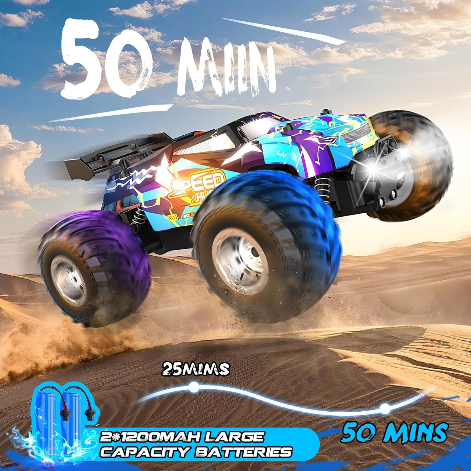 Rcjoyou Remote Control Car, 2WD Off-Road Rc Truck, 20 KM/H All-Terrain RC Cars with Headlights & Body Lights, 2.4GHz, 2 Batteries