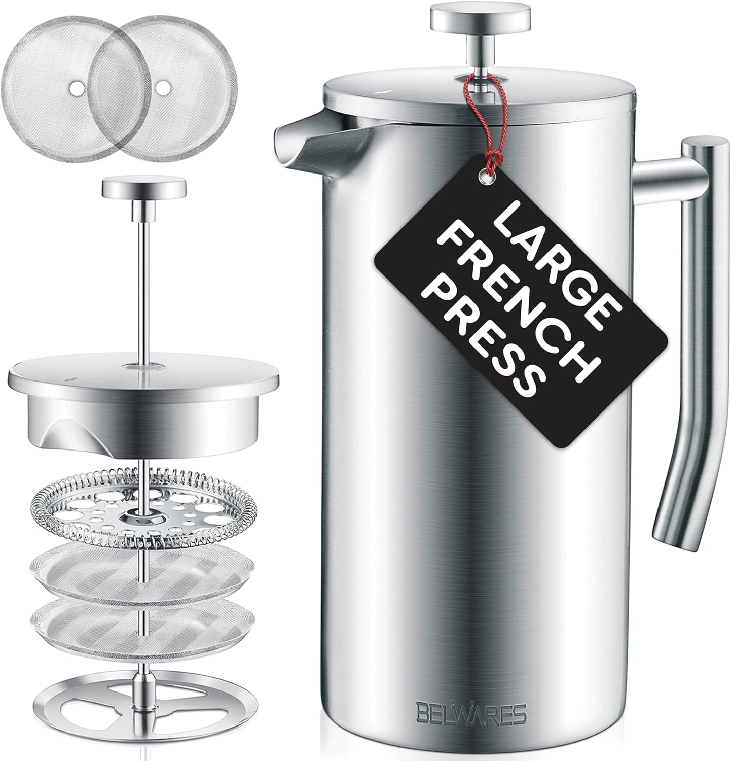 French Press Coffee Maker - 50oz Stainless Steel, Insulated Coffee Press | Large 6 Cup 50oz Capacity, Double Wall Keeps Coffee Hot, 4 Level Filter for Ground Free Coffee, 2 Extra Filters, Matte Black