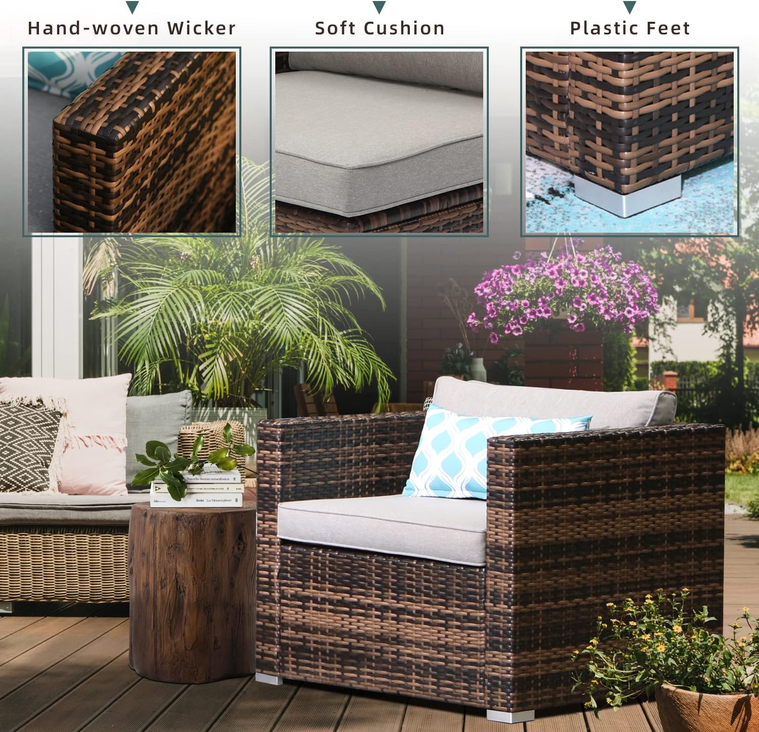 HOMPUS Patio Furniture Armchair, 2 Pieces Rattan Wicker Single Chairs with Outdoor Tree Stump Side Table