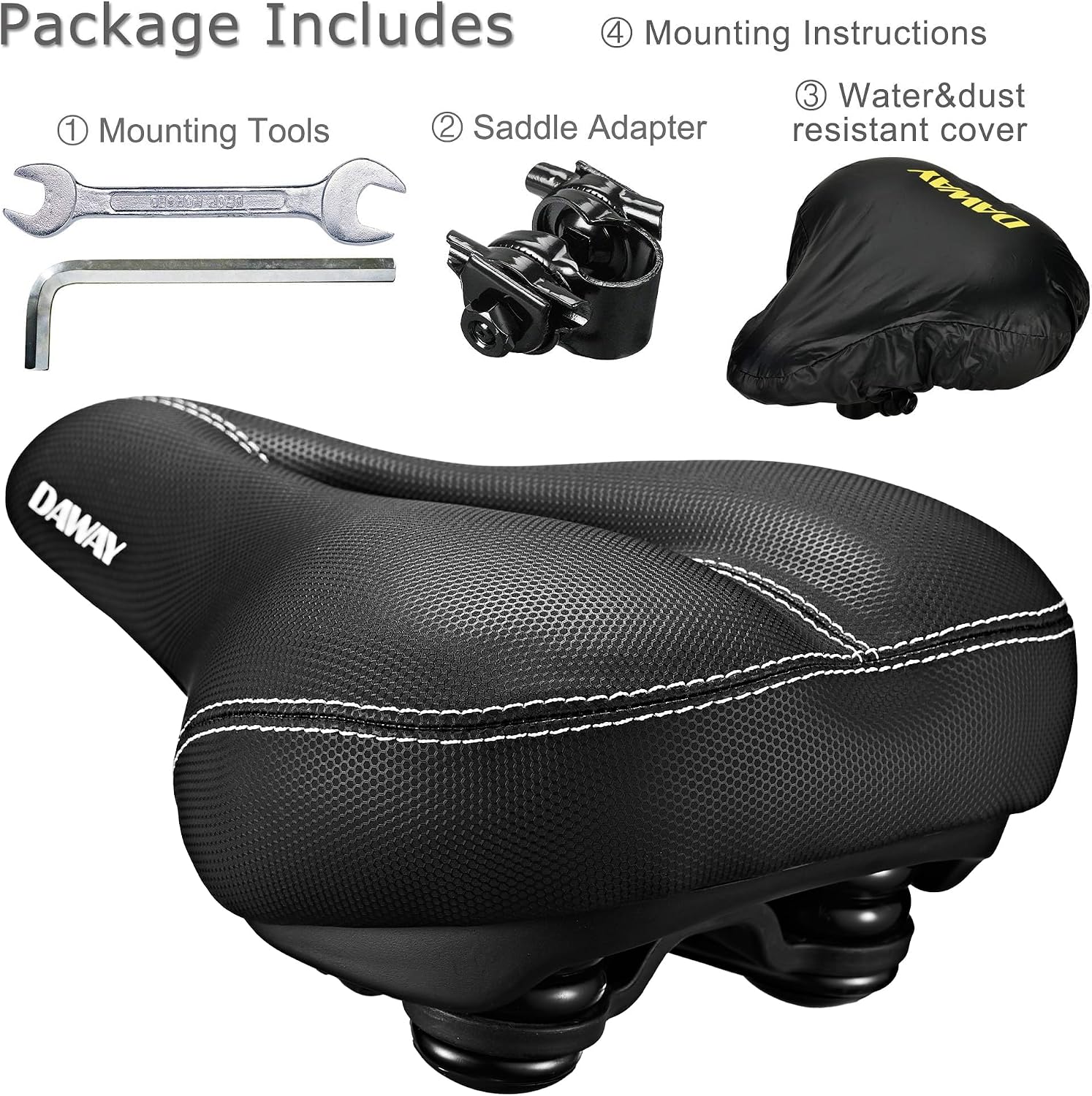DAWAY Comfortable Men Women Bike Seat - Soft Memory Foam Padded Bicycle Seat, Bike Saddle Replacement with Wide Cushion for Peloton, Mountain & Exercise Bikes, Shock Absorbing, Waterproof, Universal