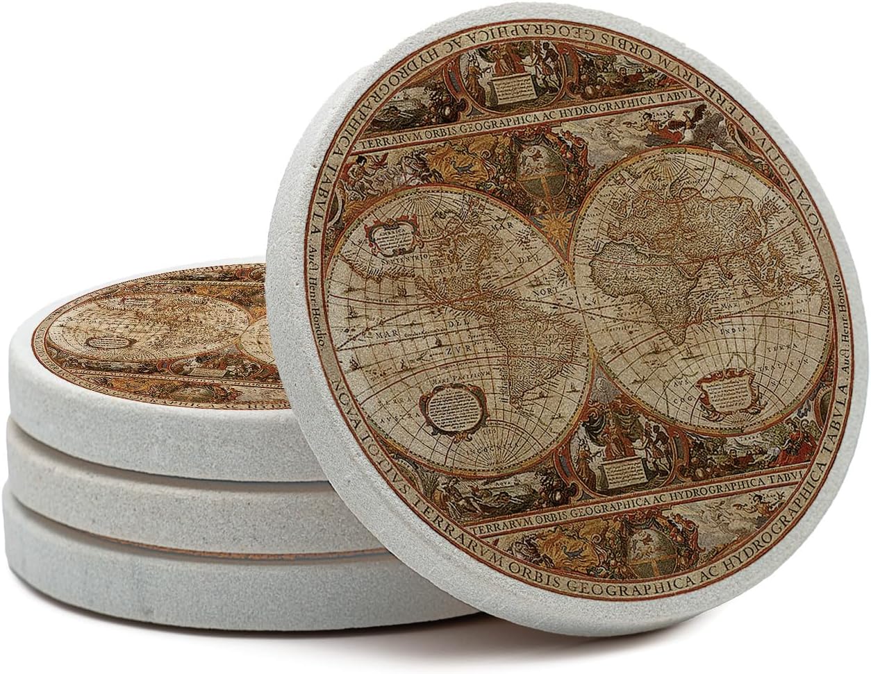 Thirstystone Old World Passages Round Natural Sandstone Coaster 4 Pack | 4" Diameter, Manufactured in the USA, Protective Cork Backing