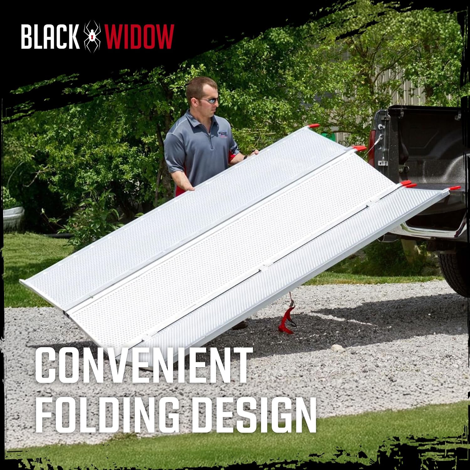 Black Widow 6ft 5in Aluminum Folding ATV Loading Ramp, 1500 lb Capacity | Load four-wheelers into trailer, folds into thirds for storage, safety straps included