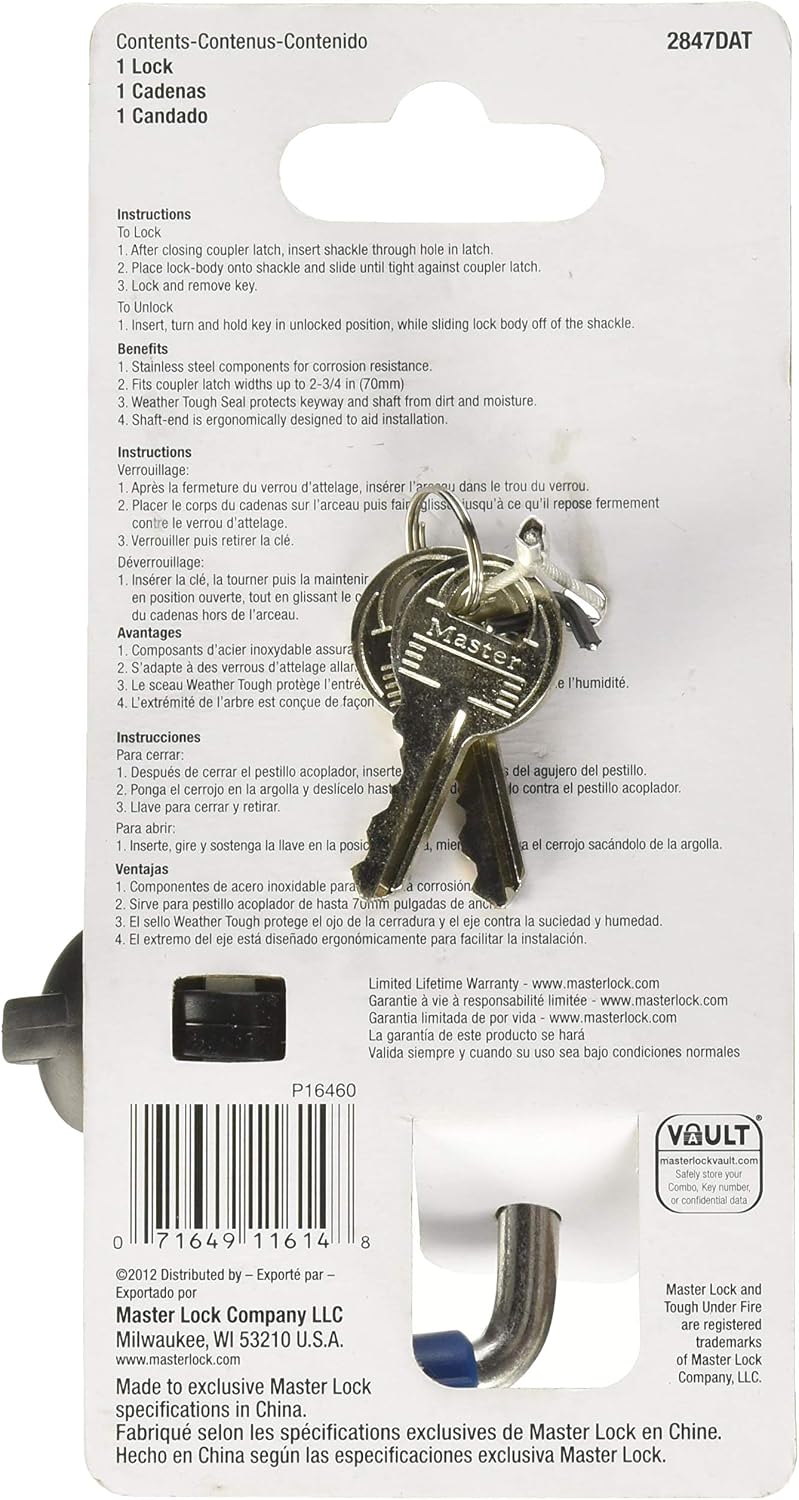 Master Lock Adjustable Coupler Lock Stainless Steel Trailer Hitch 2847DAT | Keyed trailer hitch helps secure RVs, trailers & towing gear