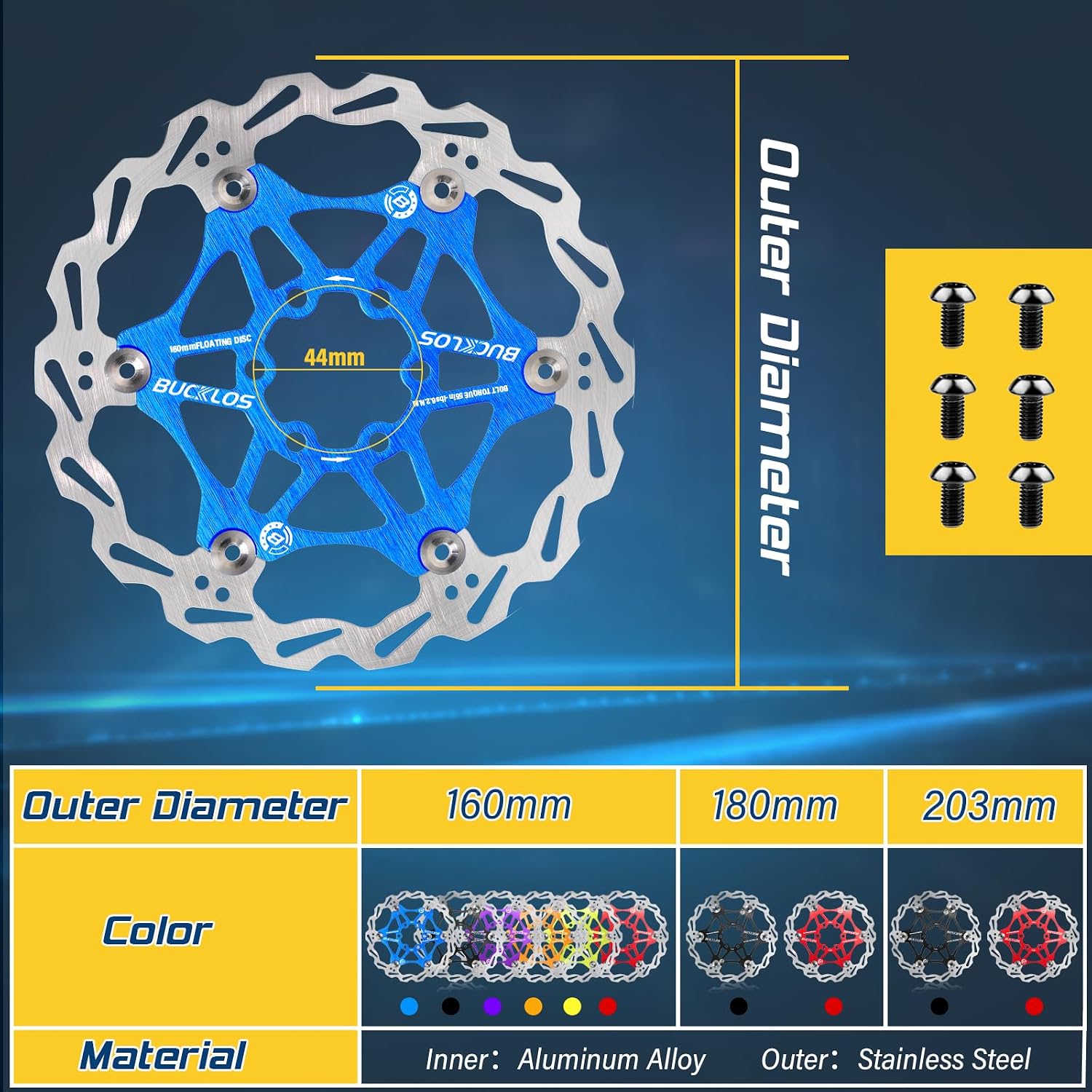 BUCKLOS 160mm 180mm 203mm Floating Disc Brake Rotor, Stainless Steel MTB Brakes Rotors with 6PC Bolts