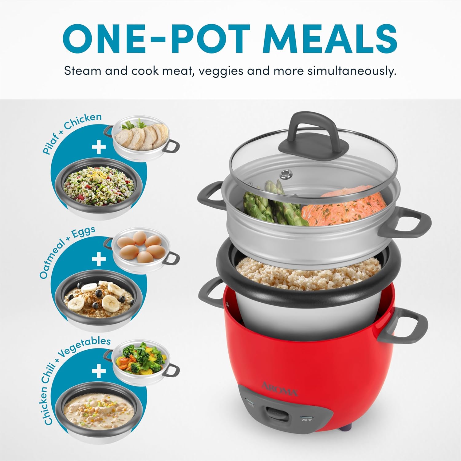 AROMA® Rice Cooker, 3-Cup (Uncooked) / 6-Cup (Cooked), Steamer, Small Rice Cooker, Oatmeal Cooker, Soup Maker, Auto Keep Warm, 1.5 Qt, White, ARC-743-1NG