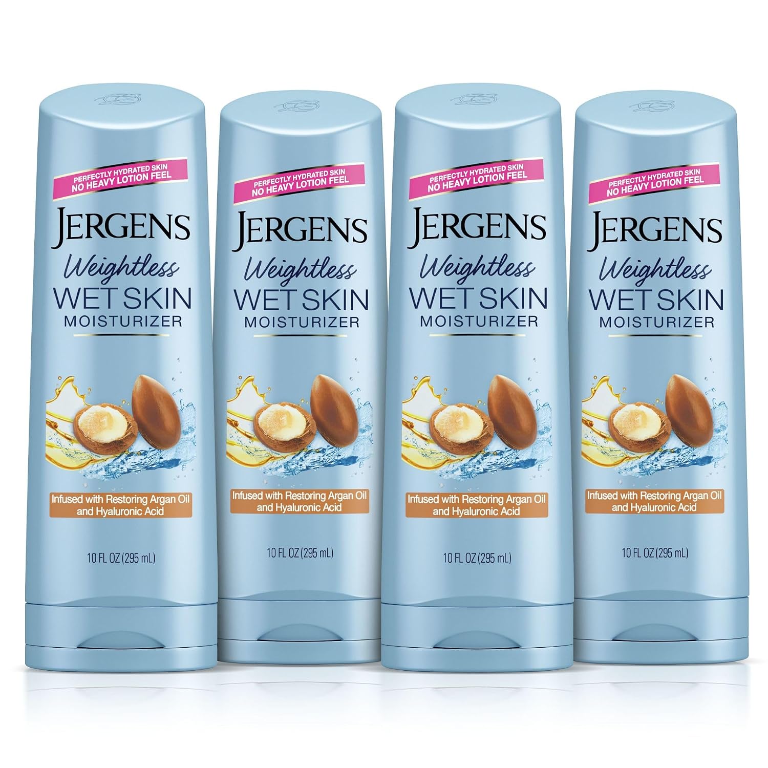 Jergens In Shower Lotion For Dry Skin, Wet Skin Moisturizer, 10 oz, 4 Pack | Argan Oil, Hyaluronic Acid, Fast Absorption, Non-Sticky Formula, Dermatologist Tested