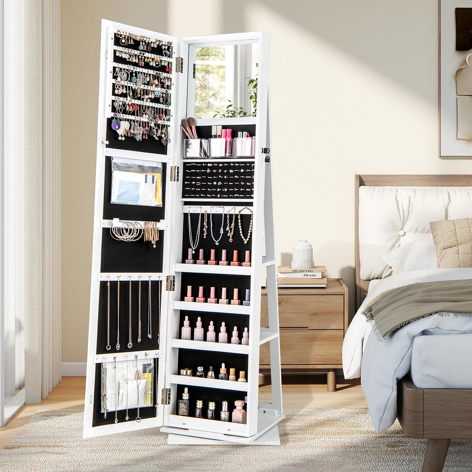 CHARMAID 360° Swivel Jewelry Armoire with Higher Full Length Mirror, Standing Lockable Jewelry Cabinet Organizer with Large Storage Capacity