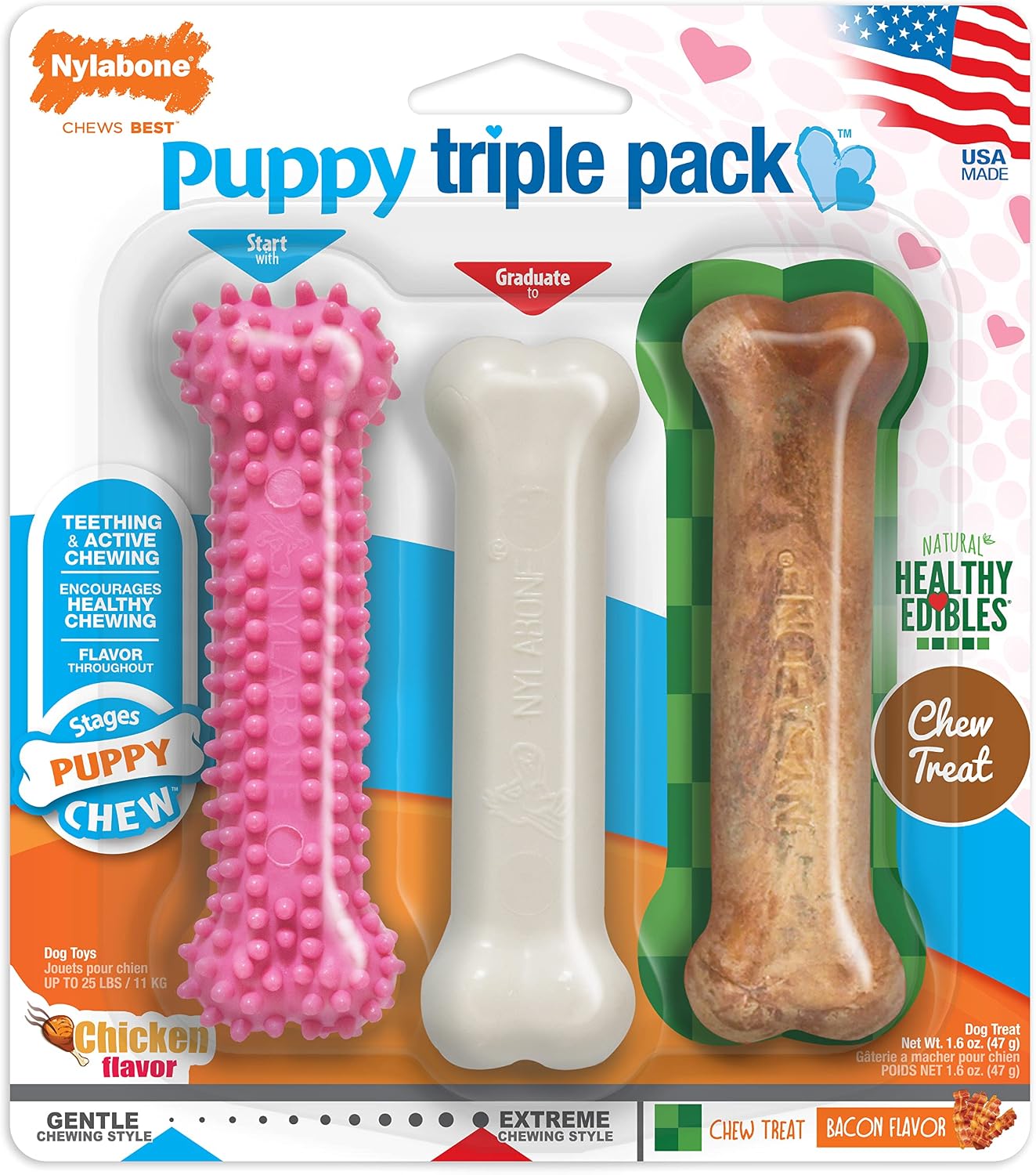 Nylabone Puppy Pacifier Chew Toy, Teething Toys for Puppies up to 25 lbs | Puppy teething toys with bacon flavor, soft material, textured nubs massage gums