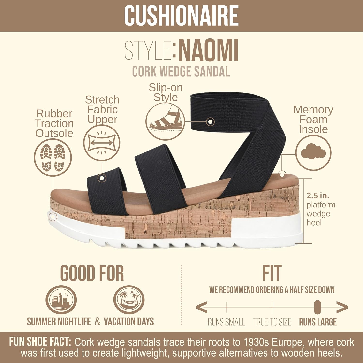 CUSHIONAIRE Naomi Cork Wedge Sandals for Women – Soft Stretch Straps Comfortable Platform Sandals for Women with Memory Foam Insole