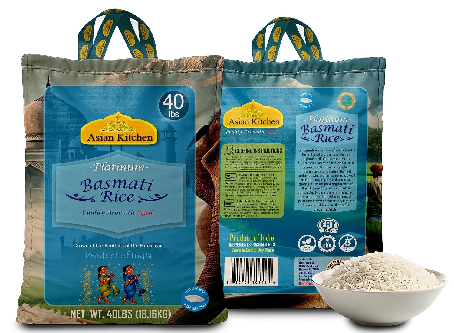 Asian Kitchen Platinum White Basmati Rice Extra Long Aged 20lbs (9.08kg) ~ All Natural | Gluten Friendly | Vegan | Indian Origin | Export Quality