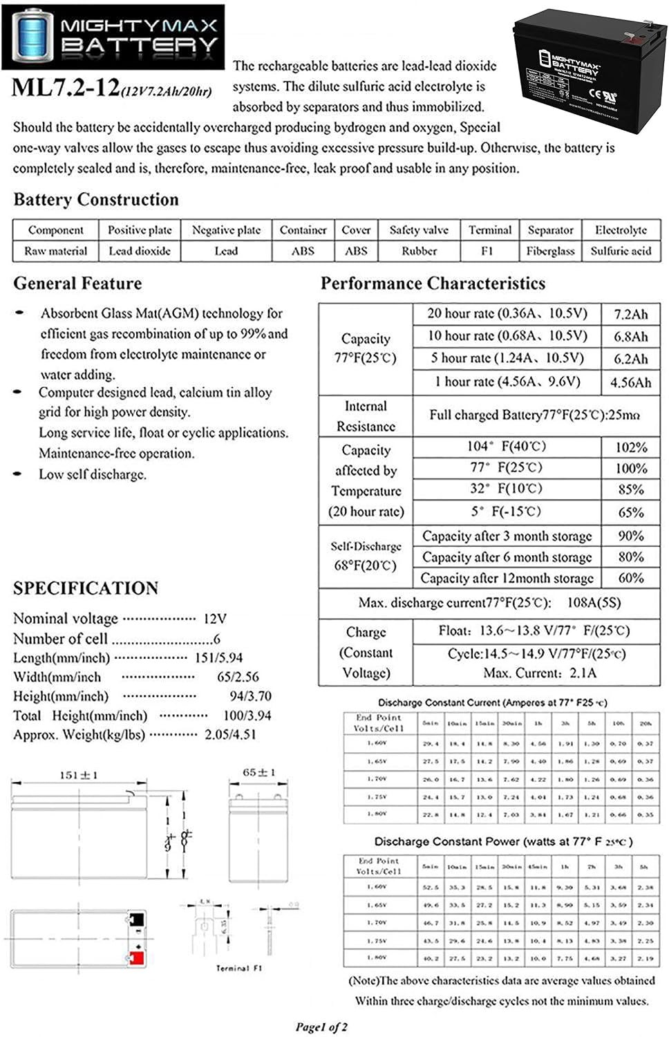 Mighty Max Battery ML7-12, 12 Volt 7.2 AH SLA F1 Terminal Battery, Brand Product, Black (Pack of 1)