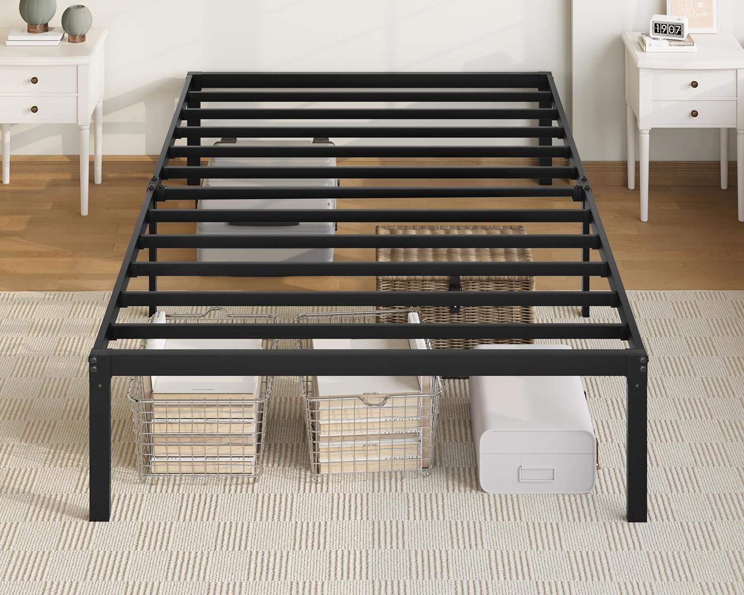 Allewie Full Size Bed Frame, 14 inch Metal Platform Beds with Storage Space, No Box Spring Needed and Easy Assembly, White