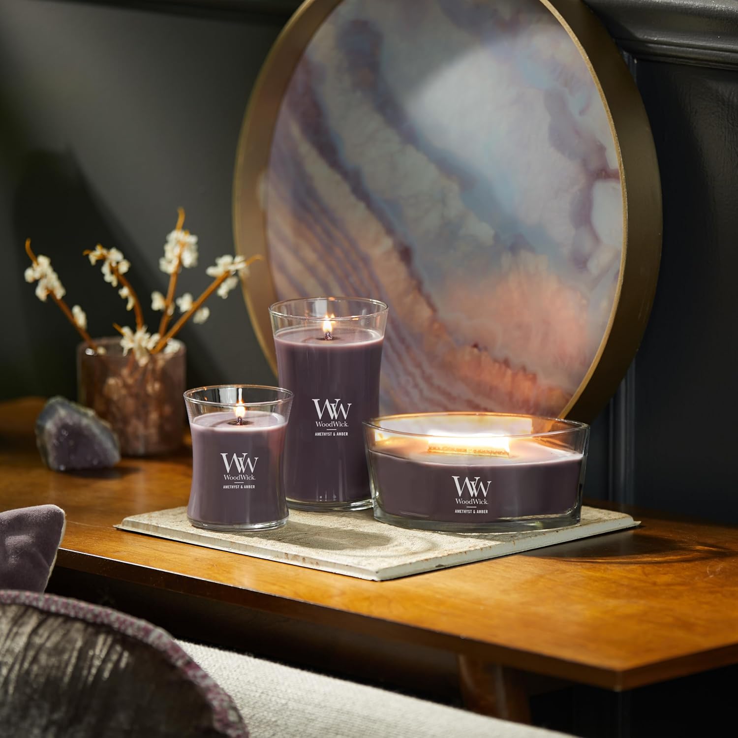 WoodWick Lavender Spa Gifts for Women and Men, 9.7 oz Medium Hourglass Candle with Crackling Wick