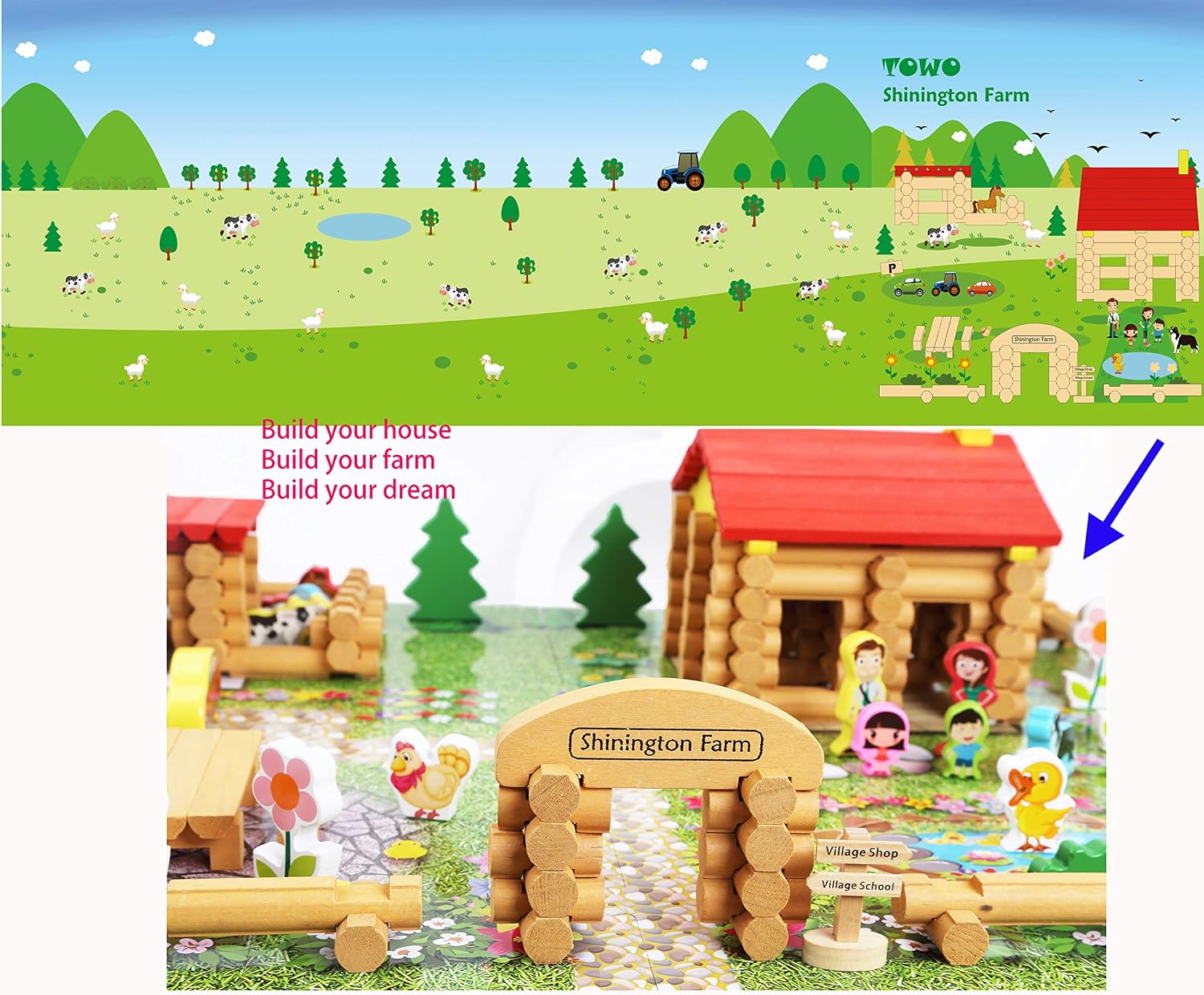 TOWO Wooden Log Building Set, 207-Piece Farm House Construction Toy | 207-piece wooden log farm playset for building a farmhouse