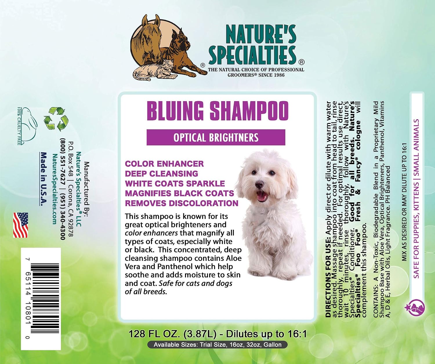 Nature's Specialties Bluing Ultra Concentrated Dog Shampoo for Pets, Makes up to 2 Gallons, Natural Choice for Professional Groomers