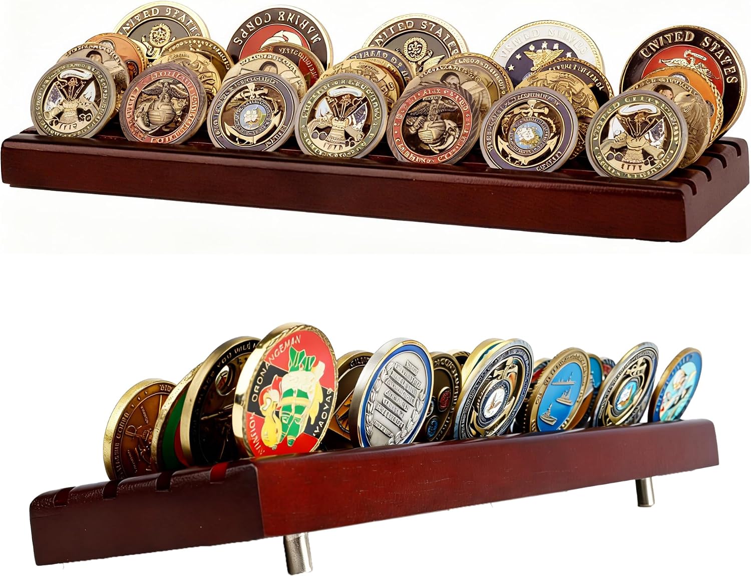DisplayGifts Challenge Coin Display Stand 4 Row Wooden Holder Rack Case Holds 28 Coins Walnut Finish