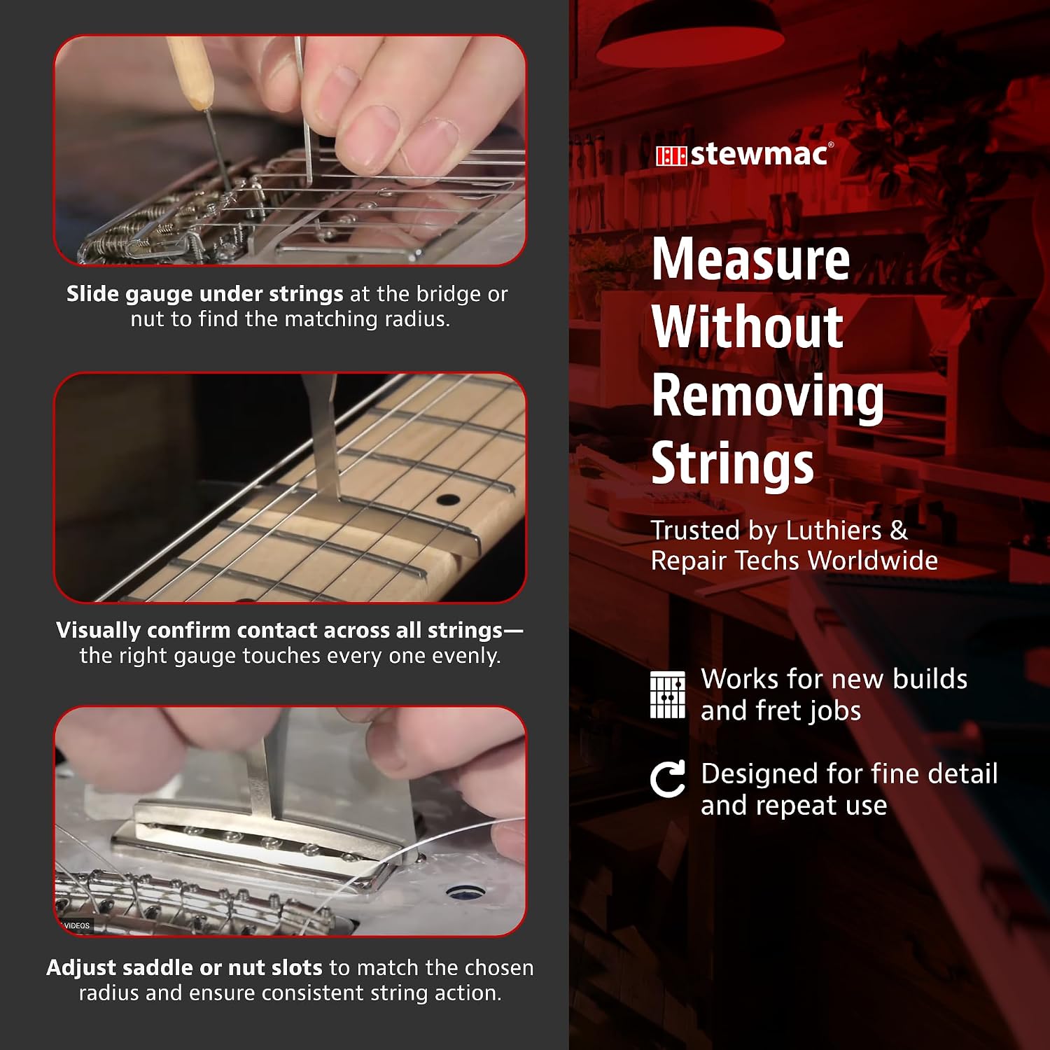 StewMac Understring Radius Gauges, Set of 9, Standard Width | 9 Radii: 7-1/4 to 20 Inch, Fits String Spreads to 2-5/8 In, Use with Strings On, 6-String Guitar and Most 4-String Bass