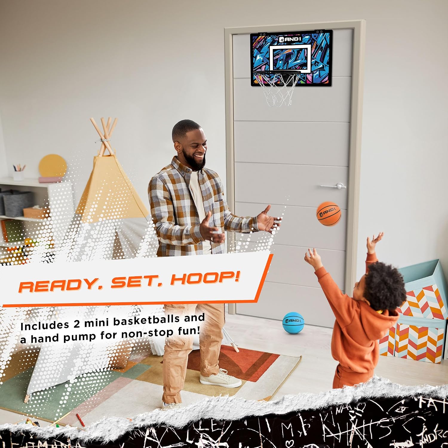 AND1 Over the Door Mini Basketball Hoop: 18x12 Shatterproof Backboard, 2 Mini Basketballs