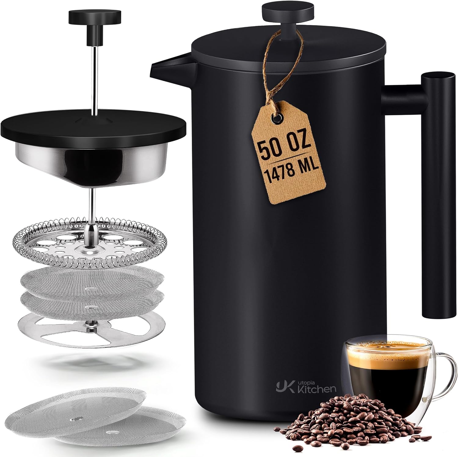 Utopia Kitchen 304 Grade Stainless Steel French Press 34 Oz, Silver | Double Wall Insulated Coffee Press with 4-Level Filtration System, Include 2 Extra Filters, Rust-Free, Dishwasher Safe