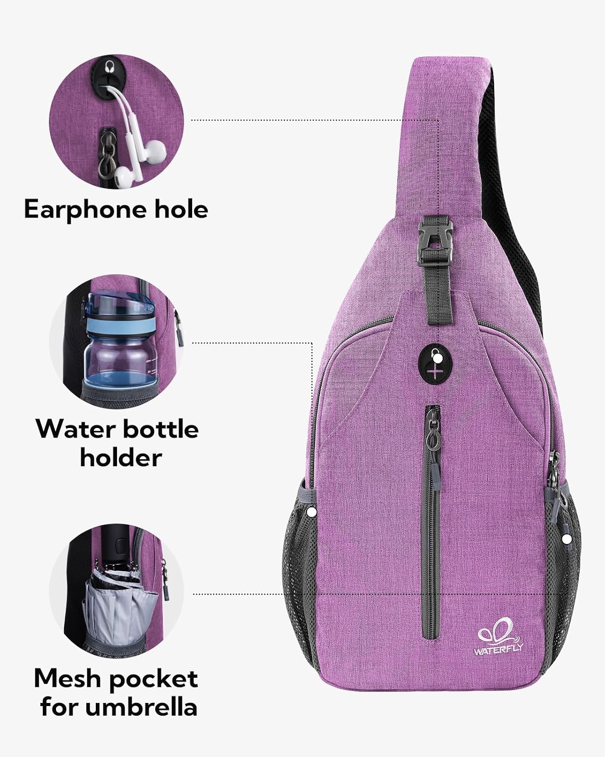 WATERFLY Crossbody Sling Backpack Sling Bag Travel Hiking Chest Bag Daypack (Black) | Small Hiking bag,Multi-compartment storage,Water-resistant,Breathable back pad,Reversible adjustable shoulder strap